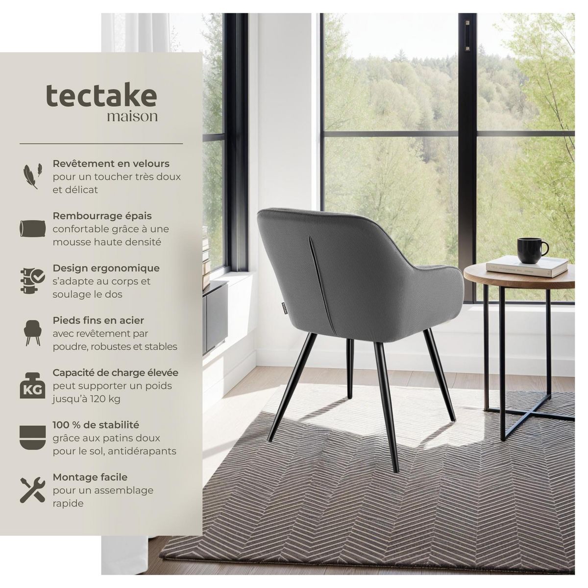 tectake Chaise de salle à manger rembourrée en velours côtelé gris/noir Lot de 2