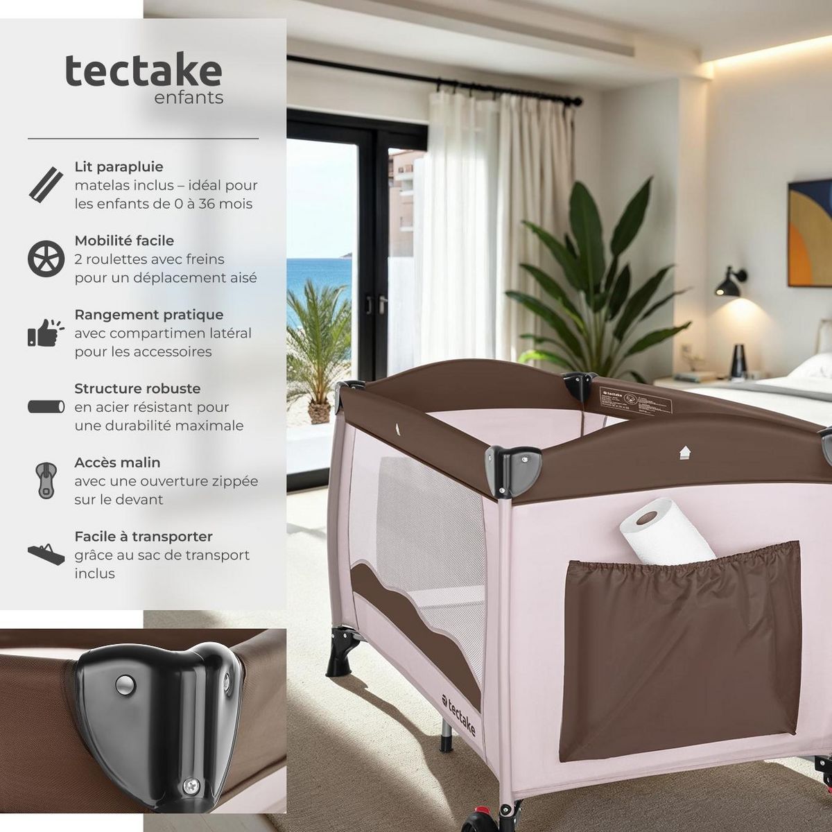 tectake Lit de voyage pour enfants peu encombrant pliable marron café