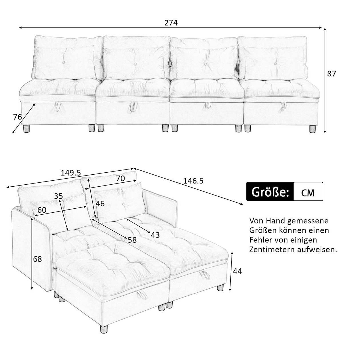 MERAX Canapé droit convertible 4 places tissu