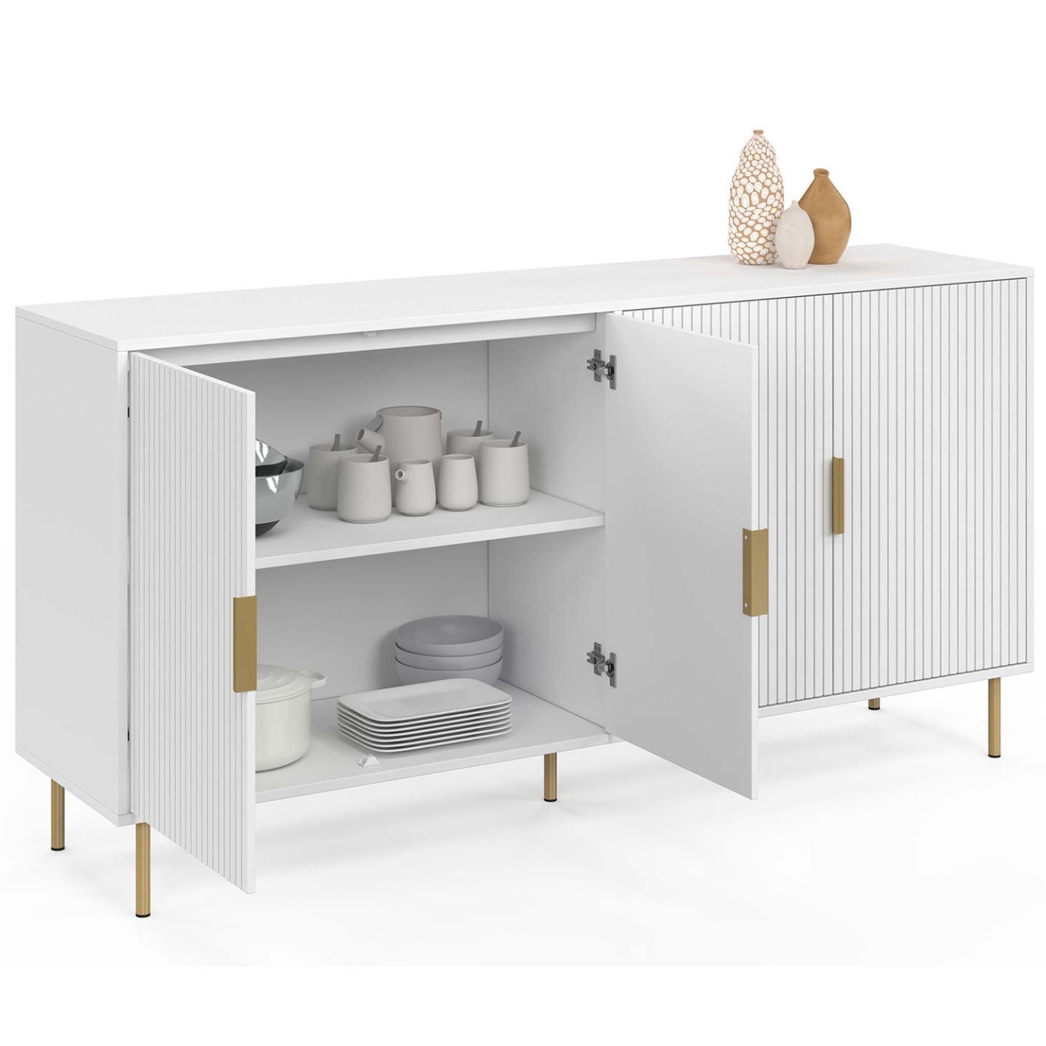 Voir la diapositive 4 : ID MARKET Buffet 160 cm marcel 4 portes blanc effet lattes et finitions dorées