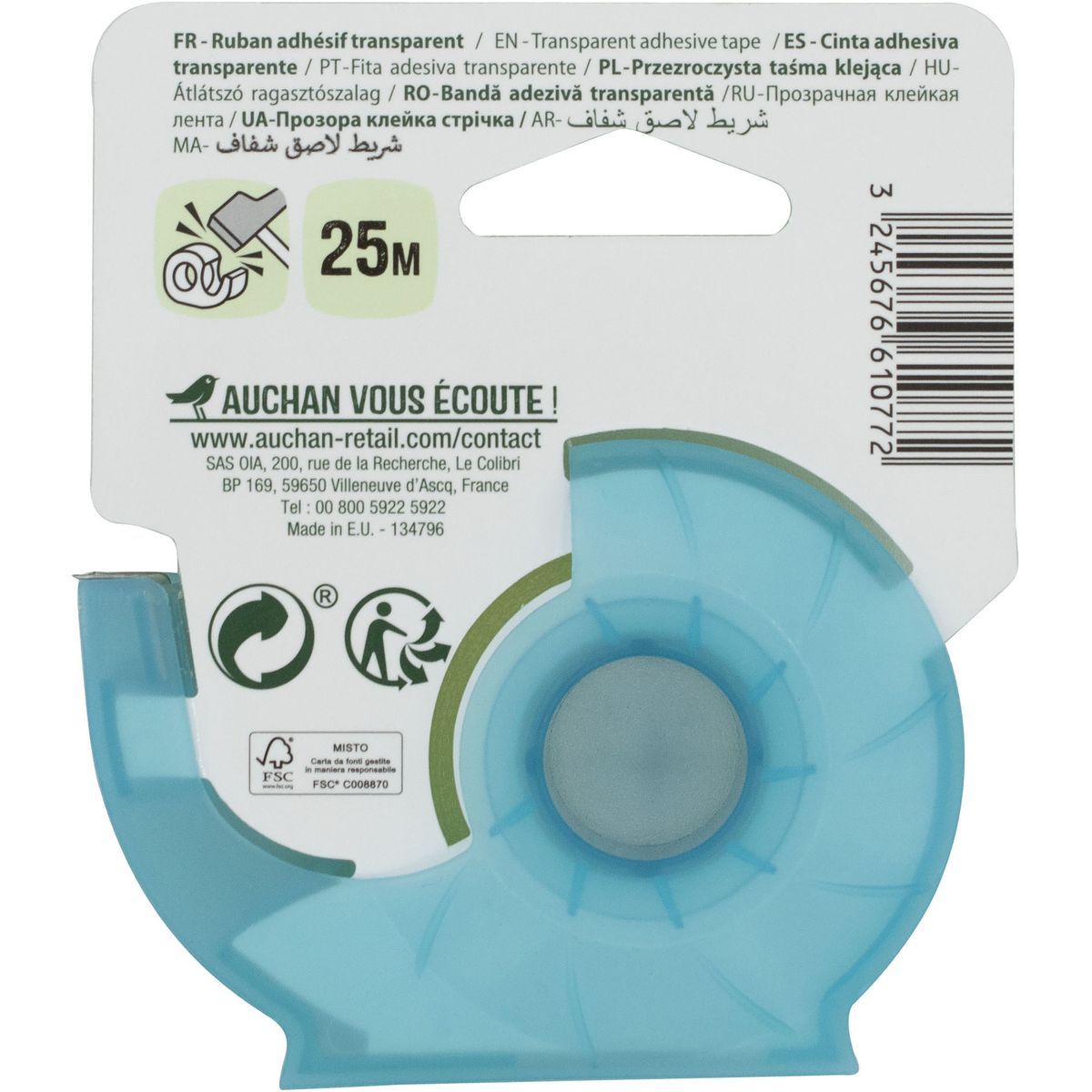 AUCHAN Rouleau ruban adhésif 25m transparent avec dévidoir coloris aléatoire