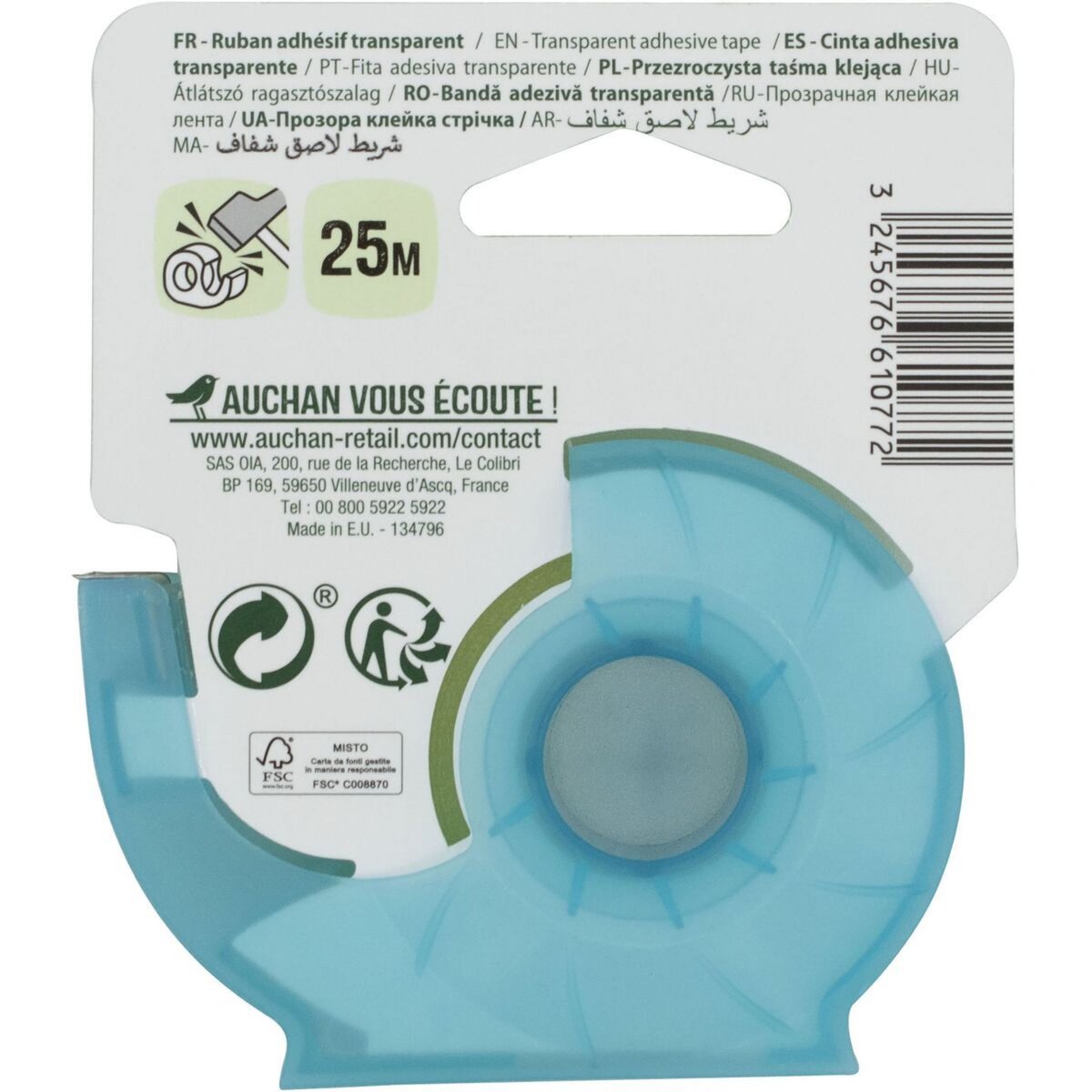 AUCHAN Rouleau ruban adhésif 25m transparent avec dévidoir coloris aléatoire