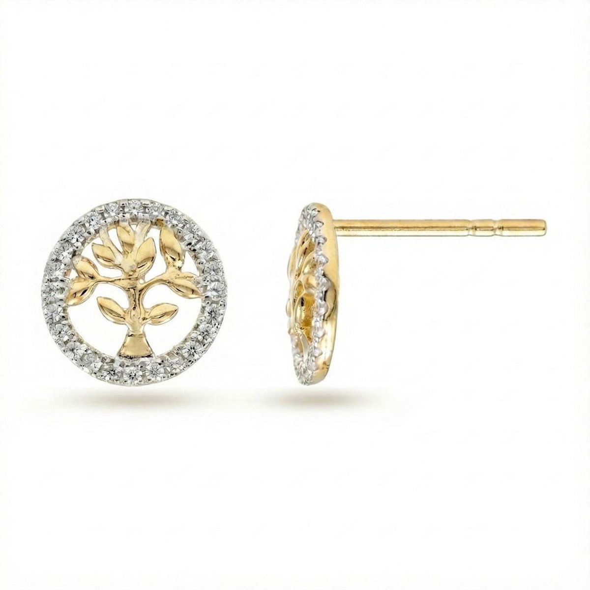 L'ATELIER D'AZUR Boucles d'Oreilles Or Jaune et Zirconiums - Puces Motif Arbre de Vie