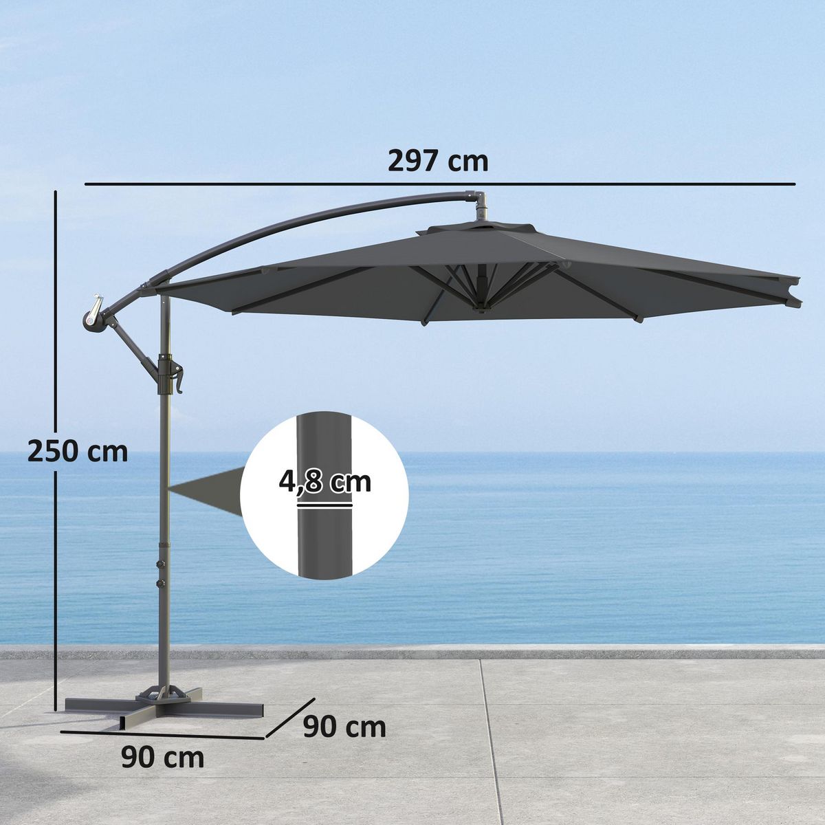 OUTSUNNY Parasol déporté octogonal inclinable rabattable diamètre 2,97 m parasol de jardin avec pied en croix anthracite
