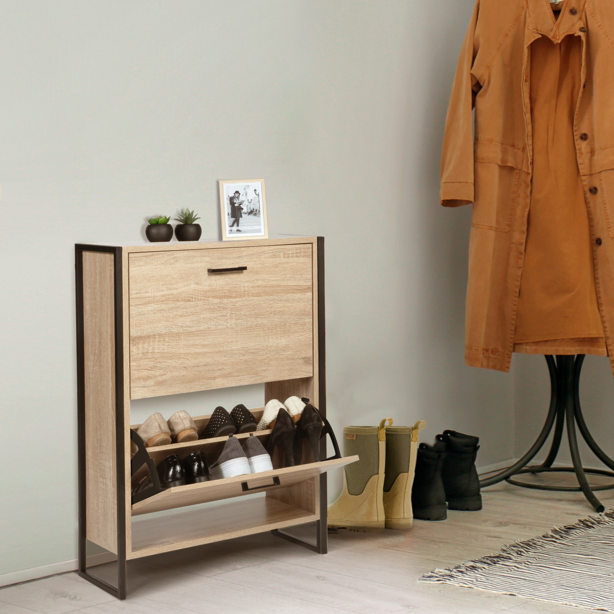 Voir la diapositive 2 : ID MARKET Meuble à chaussures 12 paires luis 2 portes design industriel