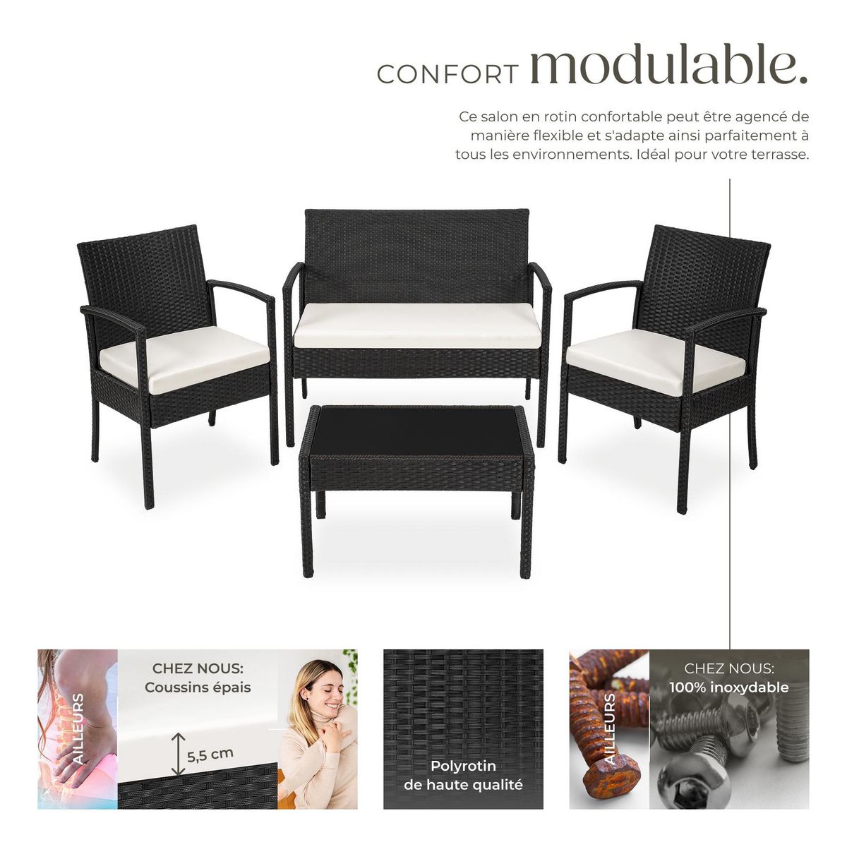 tectake Salon de jardin pour 4 personnes noir