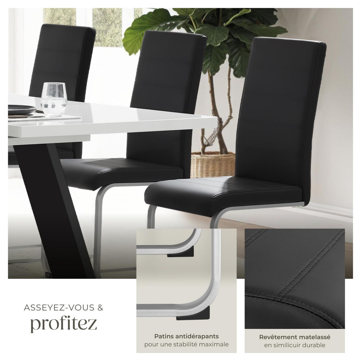 tectake Ensemble de chaises de salle à manger rembourré avec revêtement aspect cuir noir Lot de 2