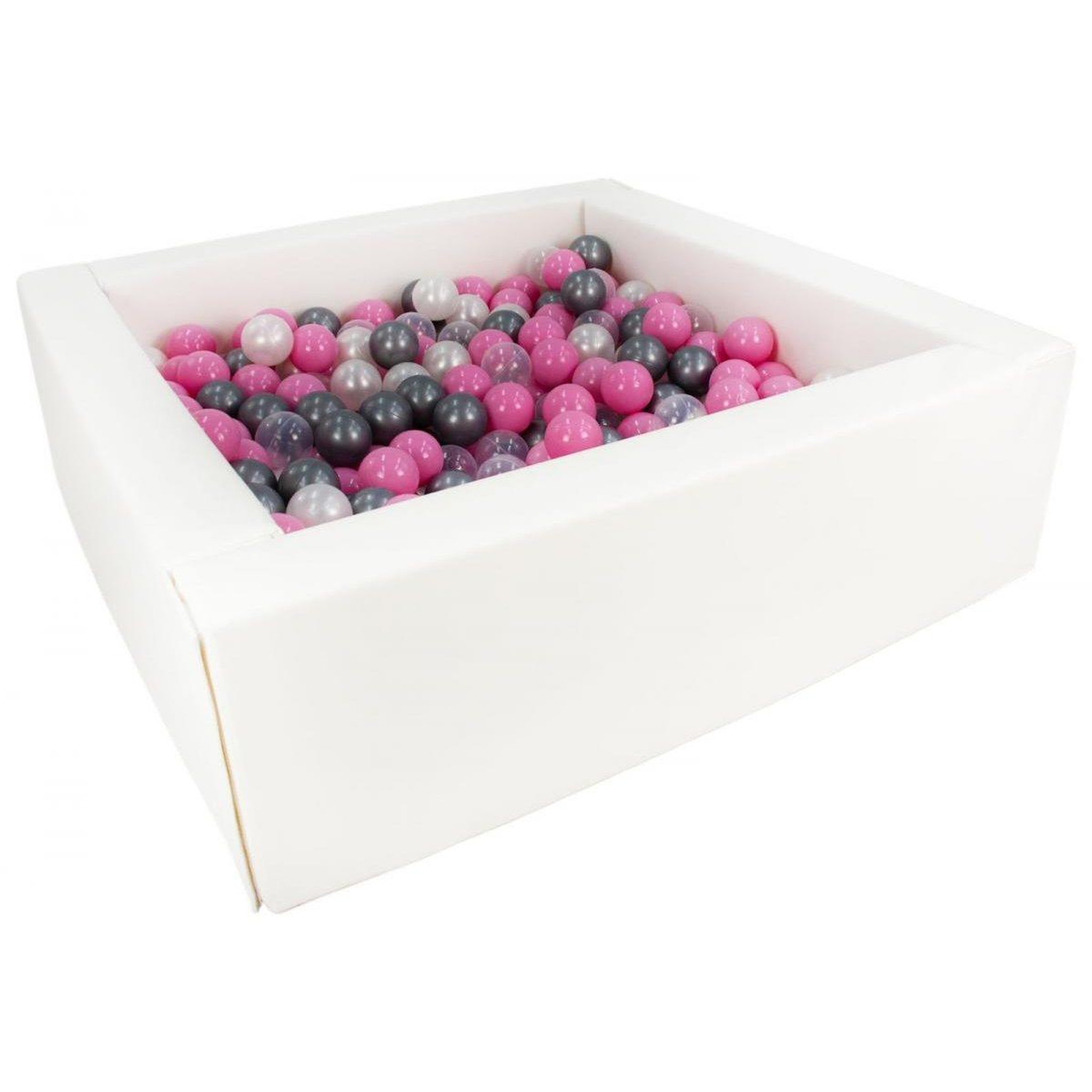 VELINDA Piscine à balles carrée avec 300 balles - blanc/perle, transparent, rose clair, argent