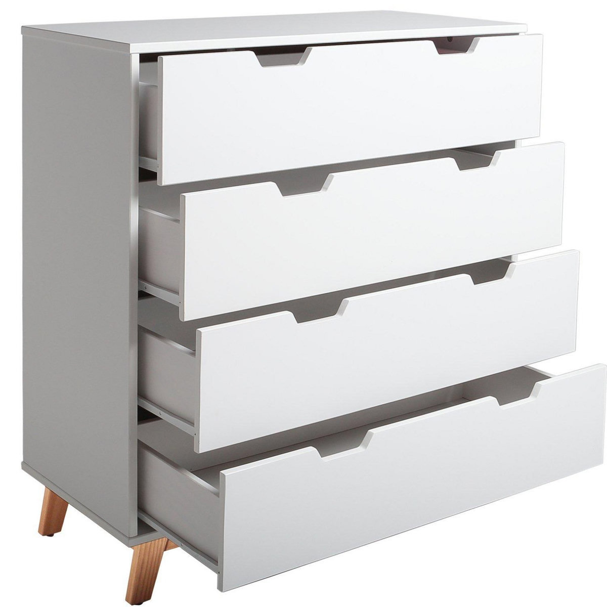 VS VENTA-STOCK Commode Miranda avec 4 tirois en Couleur Blanc, Pieds en Bois Naturel