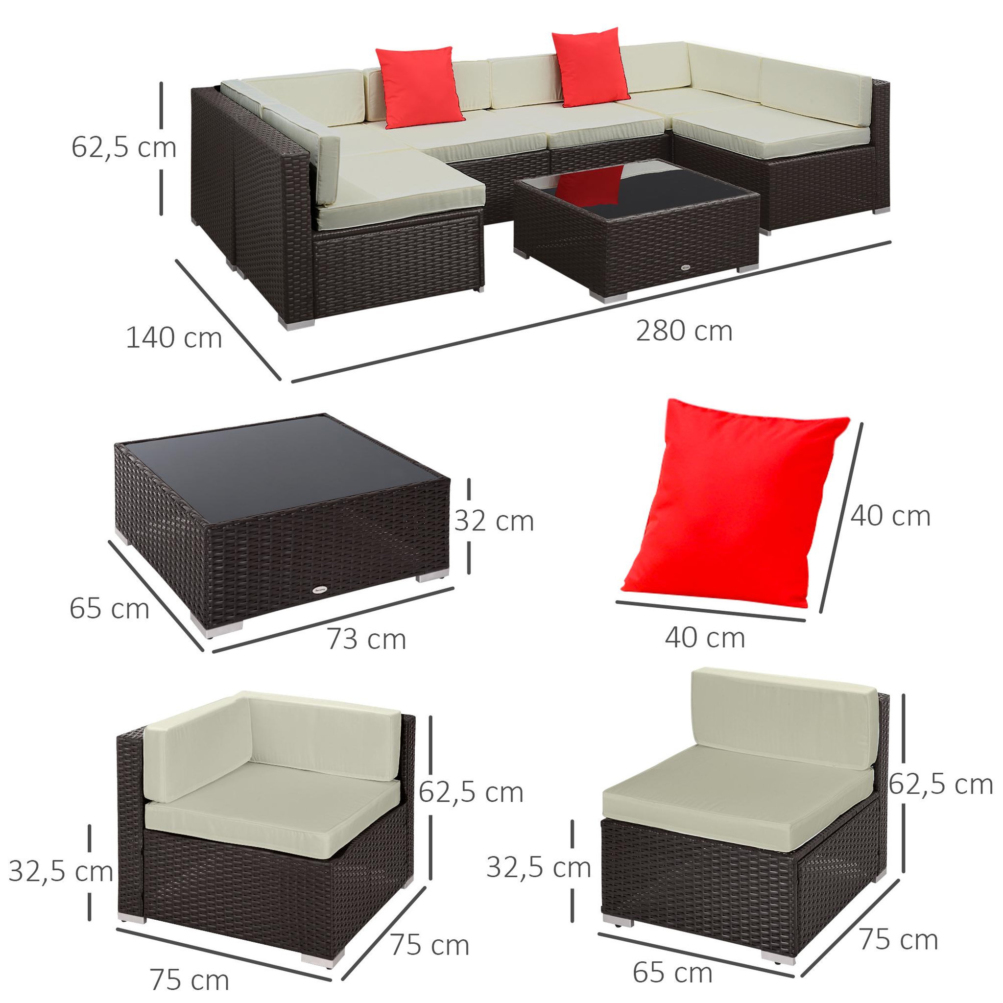 Voir la diapositive 3 : OUTSUNNY Ensemble salon de jardin 7 pièces modulables table basse plateau verre trempé coussins déhoussables inclus résine tressée imitation rotin brun foncé