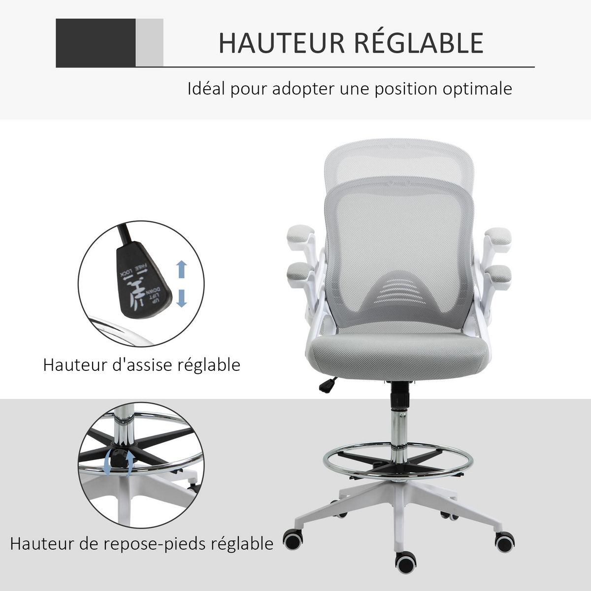 HOMCOM Fauteuil de bureau chaise de bureau assise haute réglable dim. 64L x 60l x 106-126H cm pivotant 360° maille respirante gris