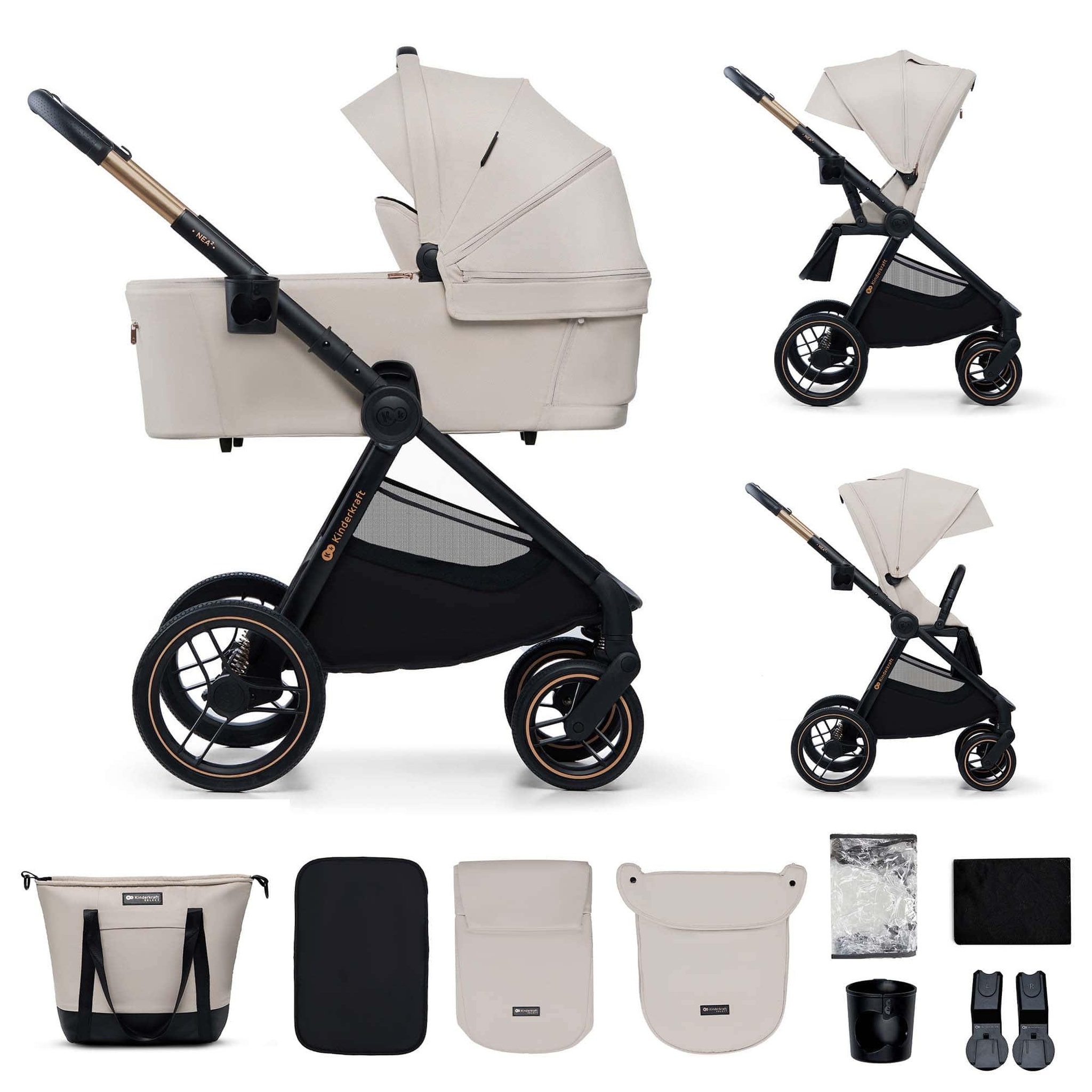 KINDERKRAFT Poussette combinée polyvalente 2 en 1 avec siège réversible à 27 kg. Coloris disponibles : Gris, Beige, Noir