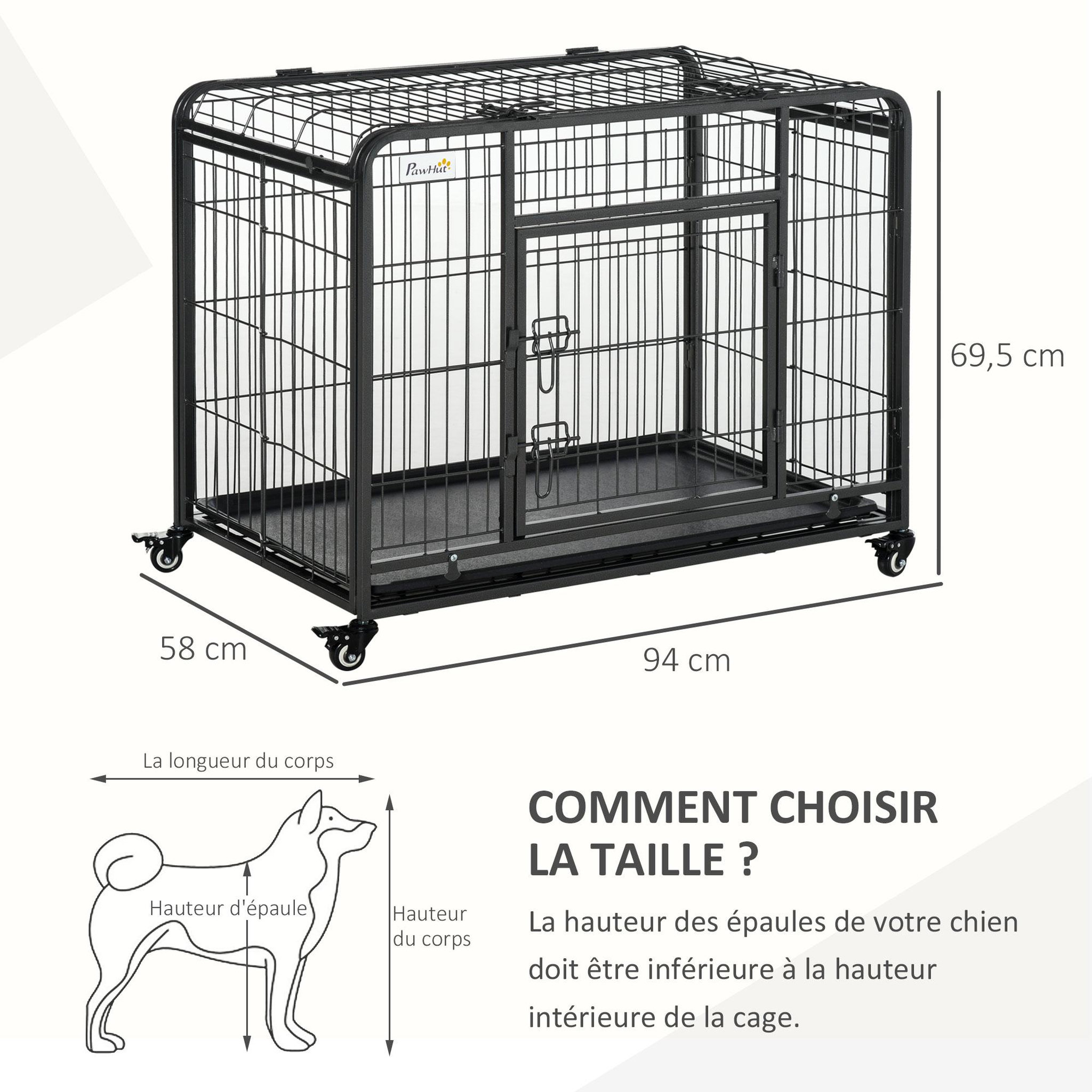 Voir la diapositive 3 : PAWHUT Cage pour chien pliable cage de transport sur roulettes 2 portes verrouillables plateau amovible dim. 94l x 58l x 69h cm métal gris noir