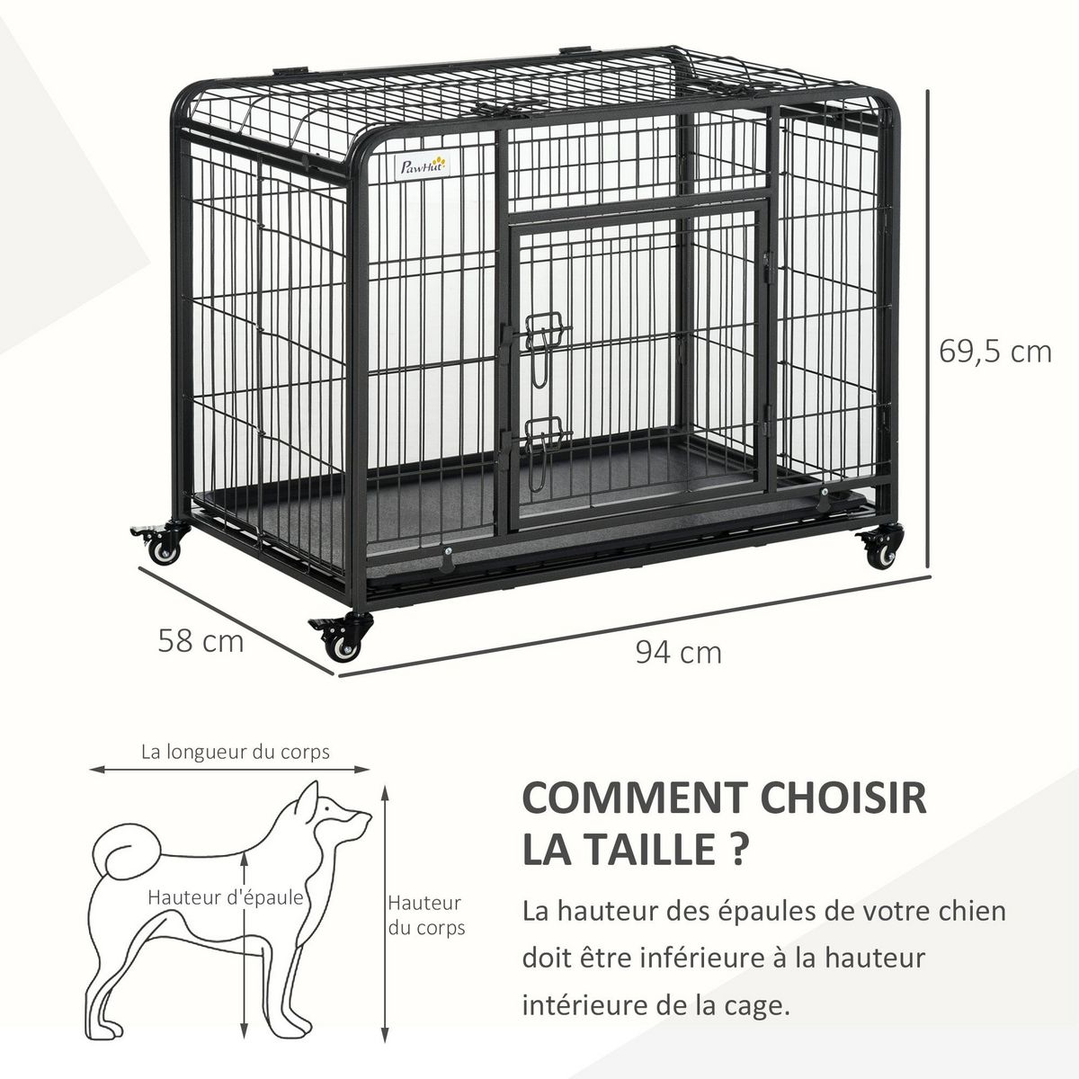 PAWHUT Cage pour chien pliable cage de transport sur roulettes 2 portes verrouillables plateau amovible dim. 94L x 58l x 69H cm m&#xE9;tal gris noir