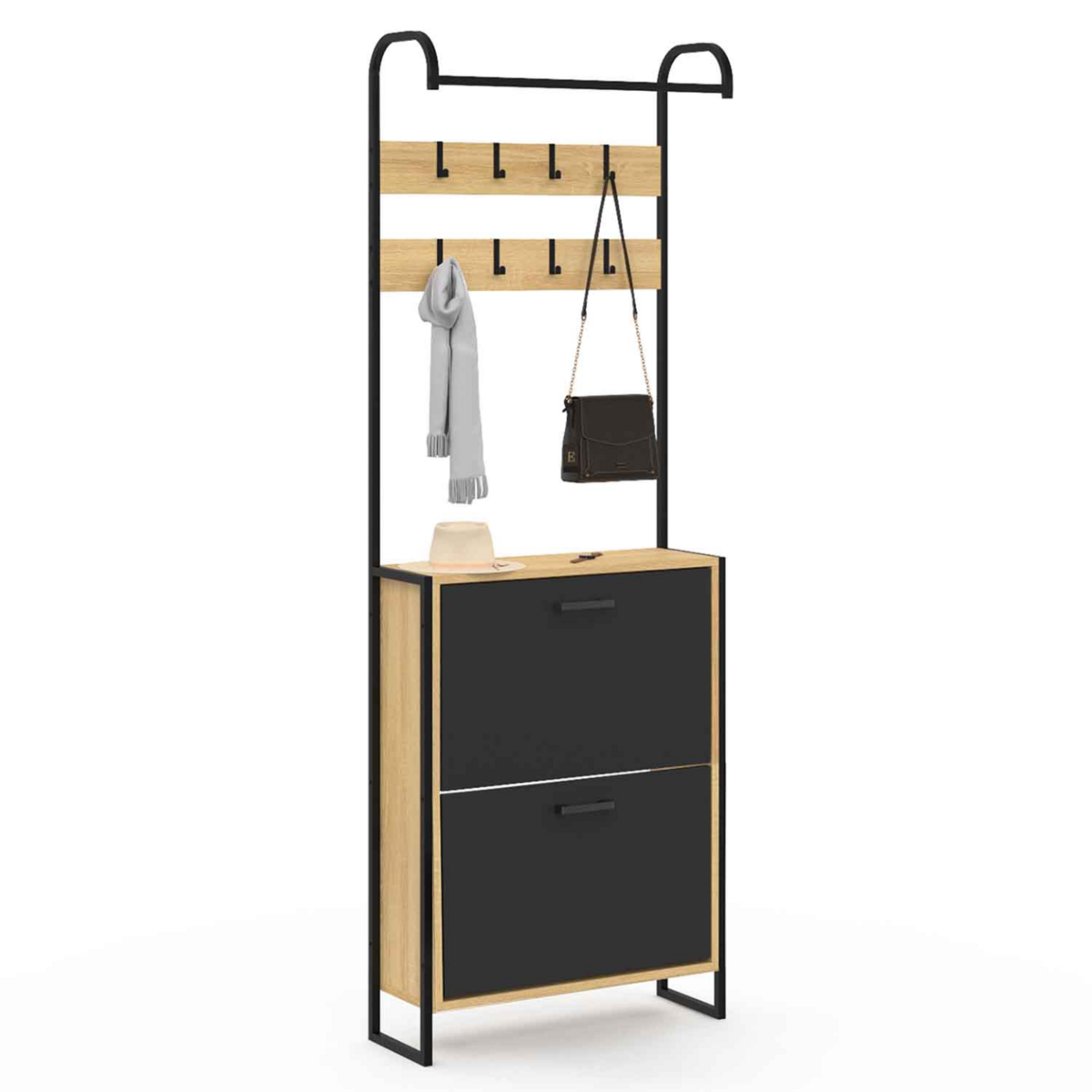ID MARKET Vestiaire d'entrée BOSTON meuble chaussures 2 portes bois et noir
