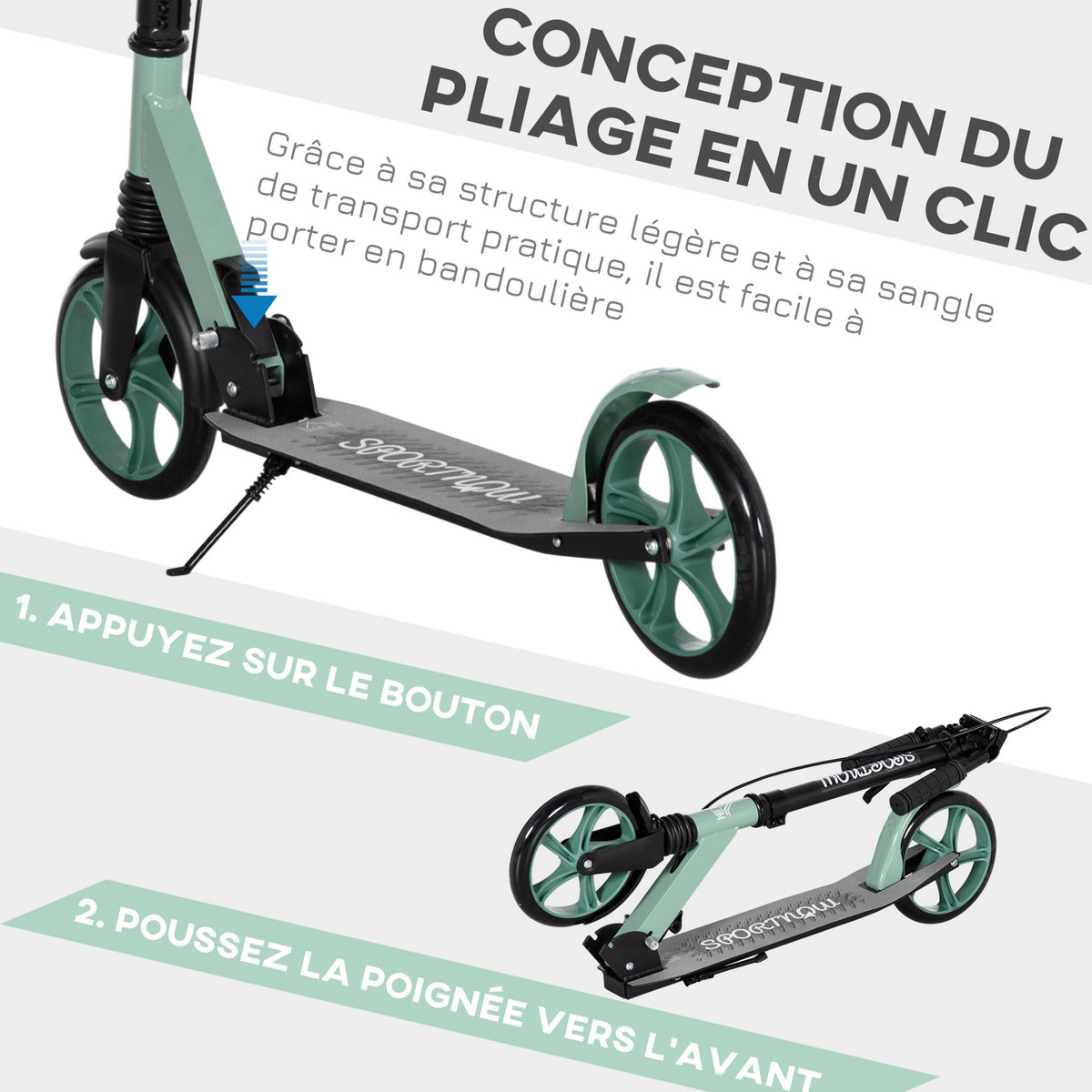 HOMCOM Trottinette pliable adulte béquille double frein amortisseur hauteur guidon réglable roulement PU abec-9 alu. métal vert noir