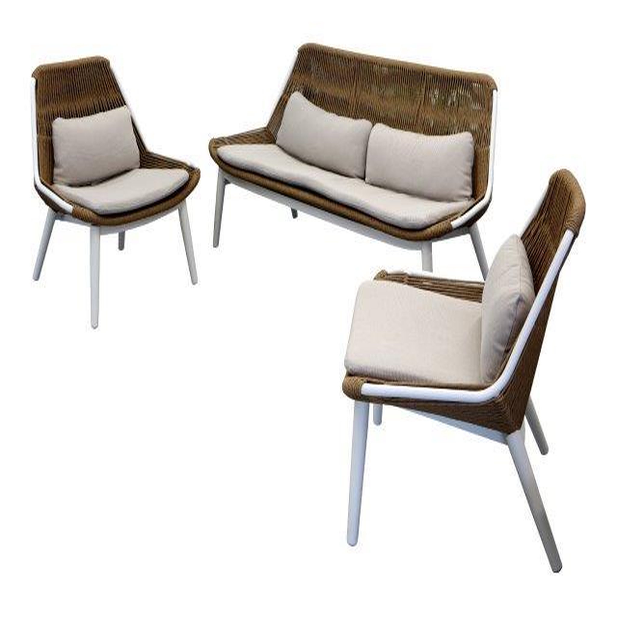 Proloisirs Set Como ensemble 3 pièces en aluminium/rope/wicker avec coussin - blanc/twist naturel