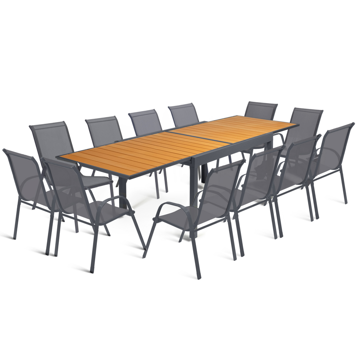 ID MARKET Salon de jardin POLY extensible table 135-270 CM et 12 chaises bois et gris foncé