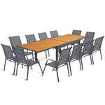 ID MARKET Salon de jardin POLY extensible table 135-270 CM et 12 chaises bois et gris foncé