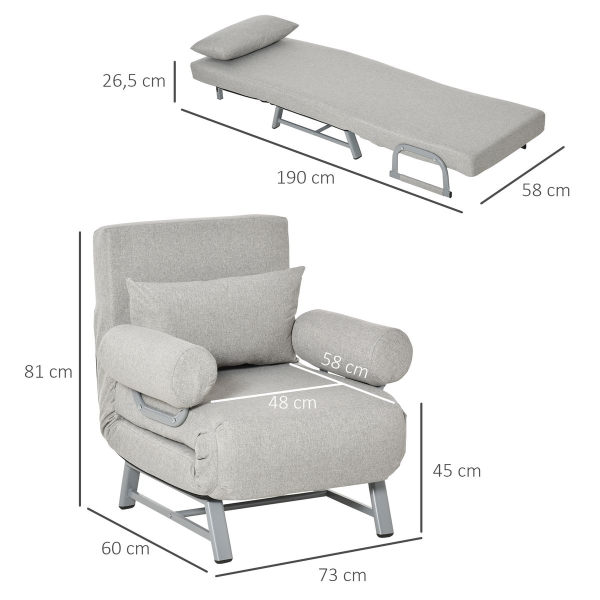 HOMCOM Fauteuil chauffeuse canapé-lit convertible inclinable 1 place grand confort coussin lombaires accoudoirs piètement métal lin gris clair