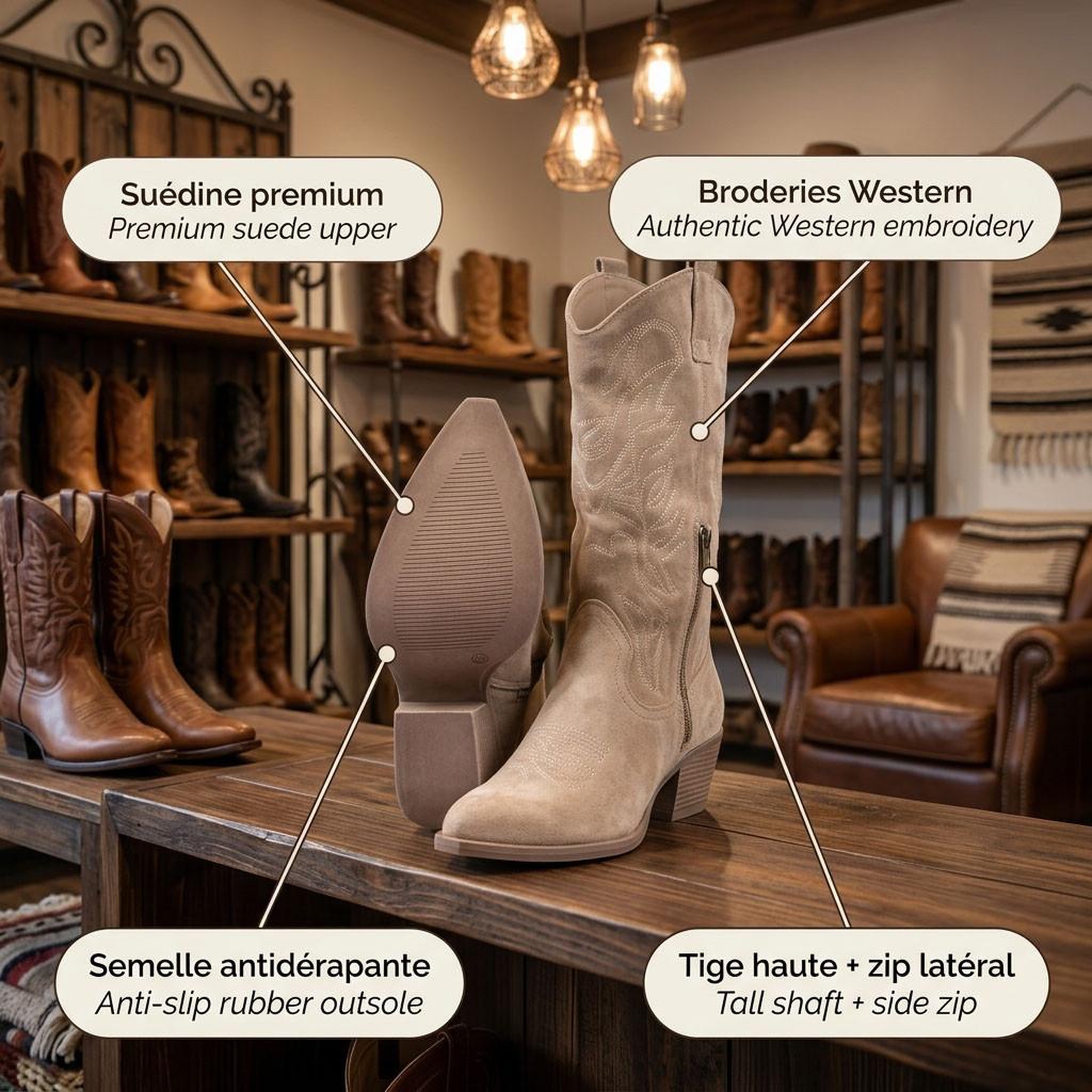 Voir la diapositive 4 : OZABI OZABI Bottes Santiag Femme Haute Tige Suédine Talon Bloc 6 cm Bout Pointu