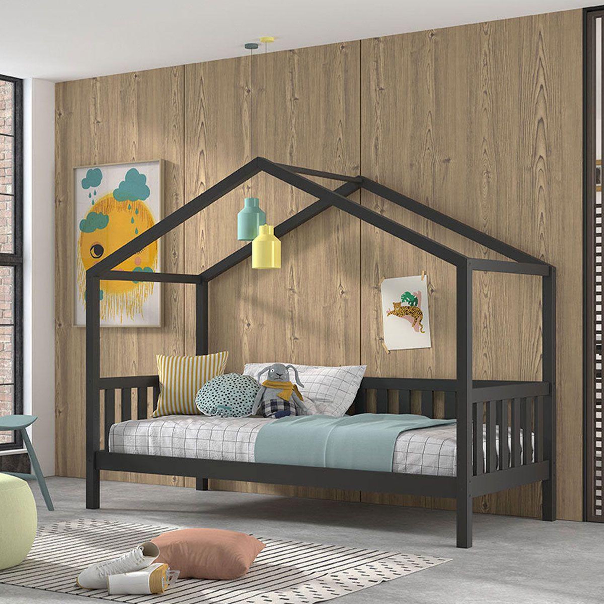 Voir la diapositive 2 : Paris Prix Lit cabane enfant  dallas  90x200cm anthracite