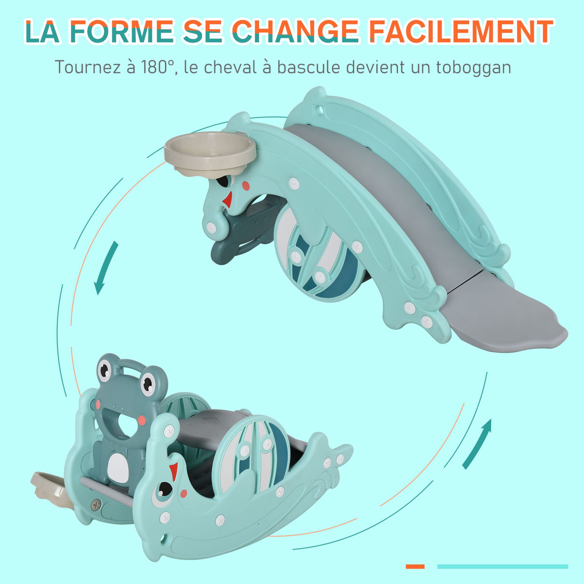 HOMCOM Cheval à bascule grenouille 3 en 1 toboggan panier basket 3 à 5 ans dim. 72L x 34l x 47H cm bleu turquoise
