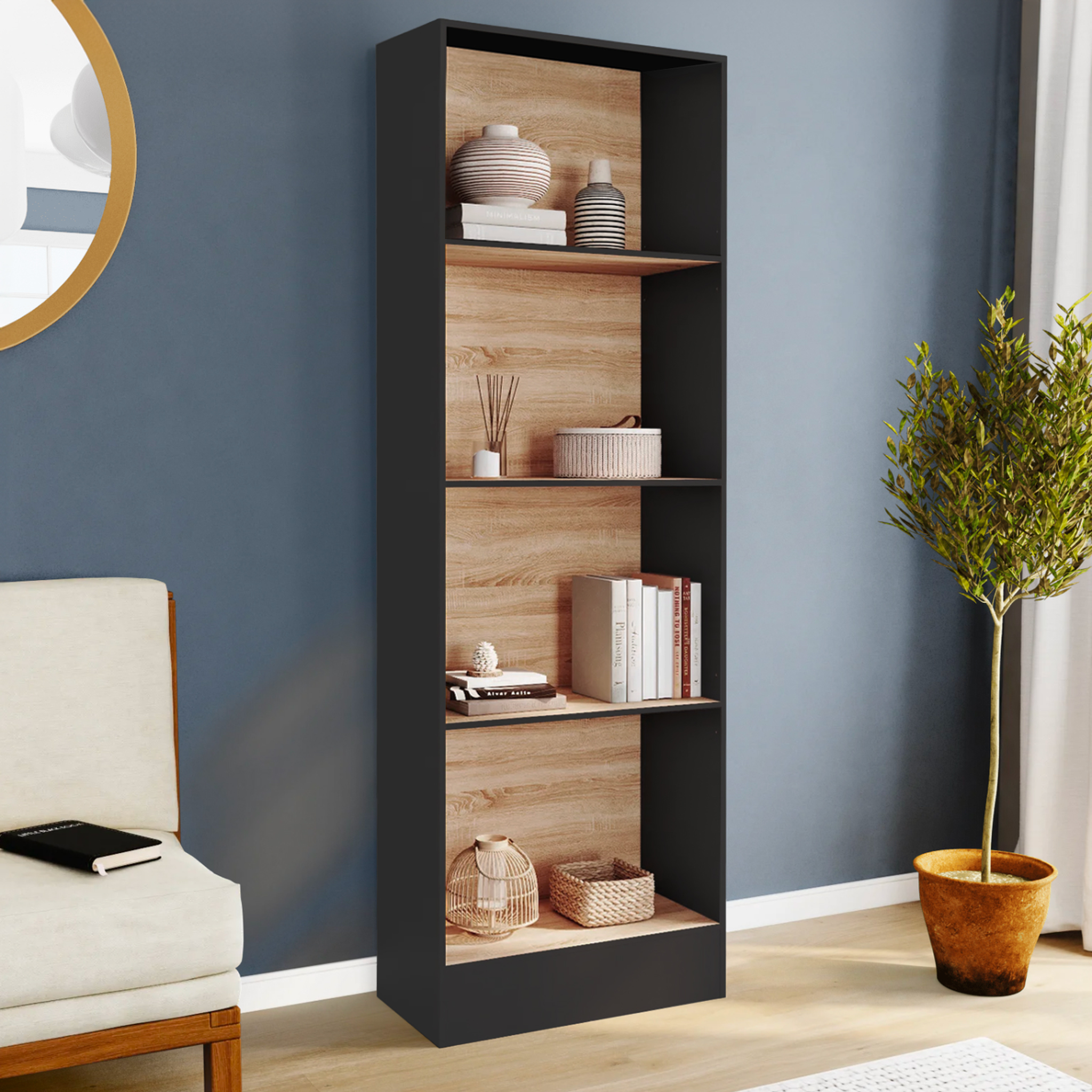 Voir la diapositive 2 : ID MARKET Etagère bibliothèque carla 5 niveaux noir et effet bois 190 cm