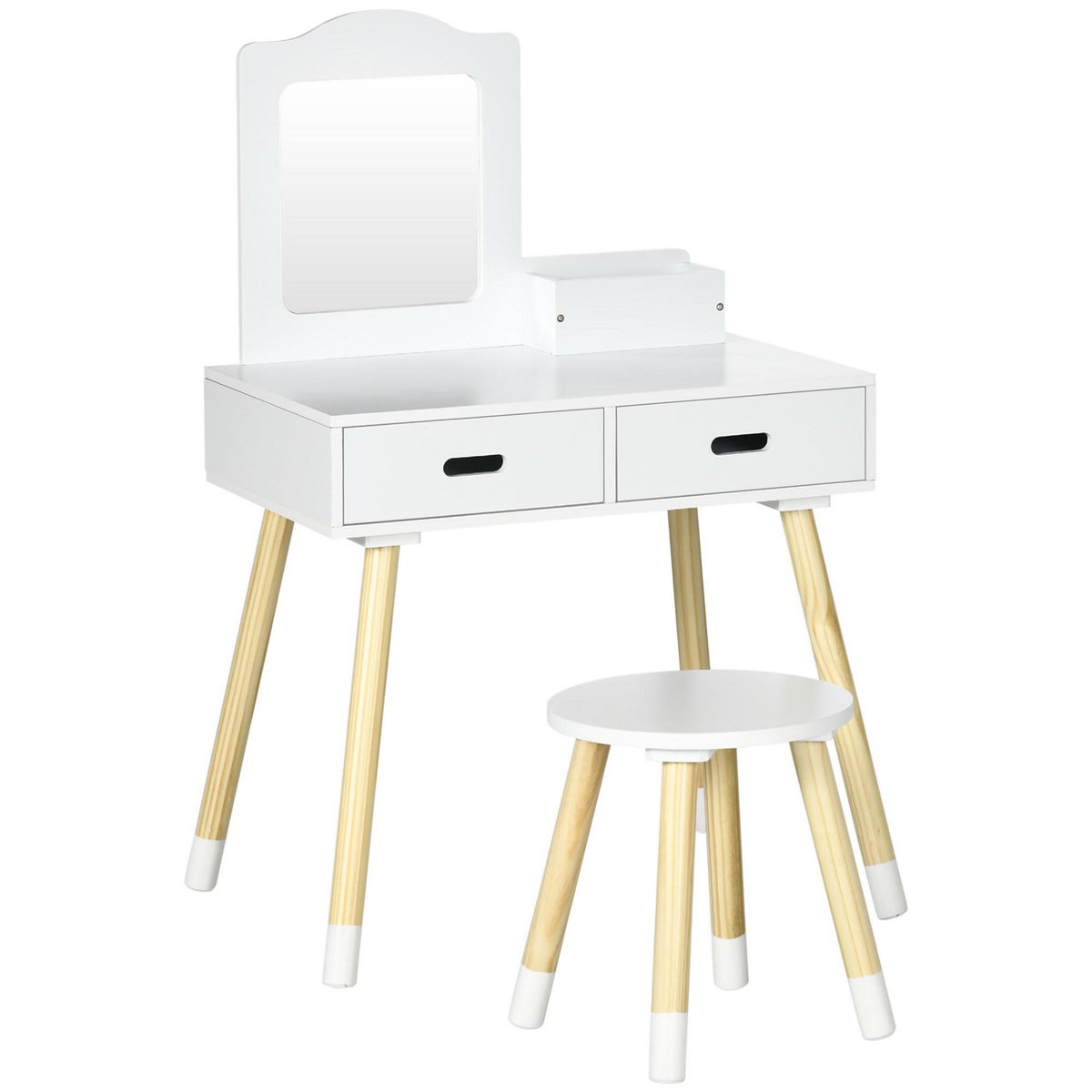 HOMCOM Coiffeuse enfant design scandinave - tabouret inclus - 2 tiroirs, niche, miroir - bois pin MDF blanc
