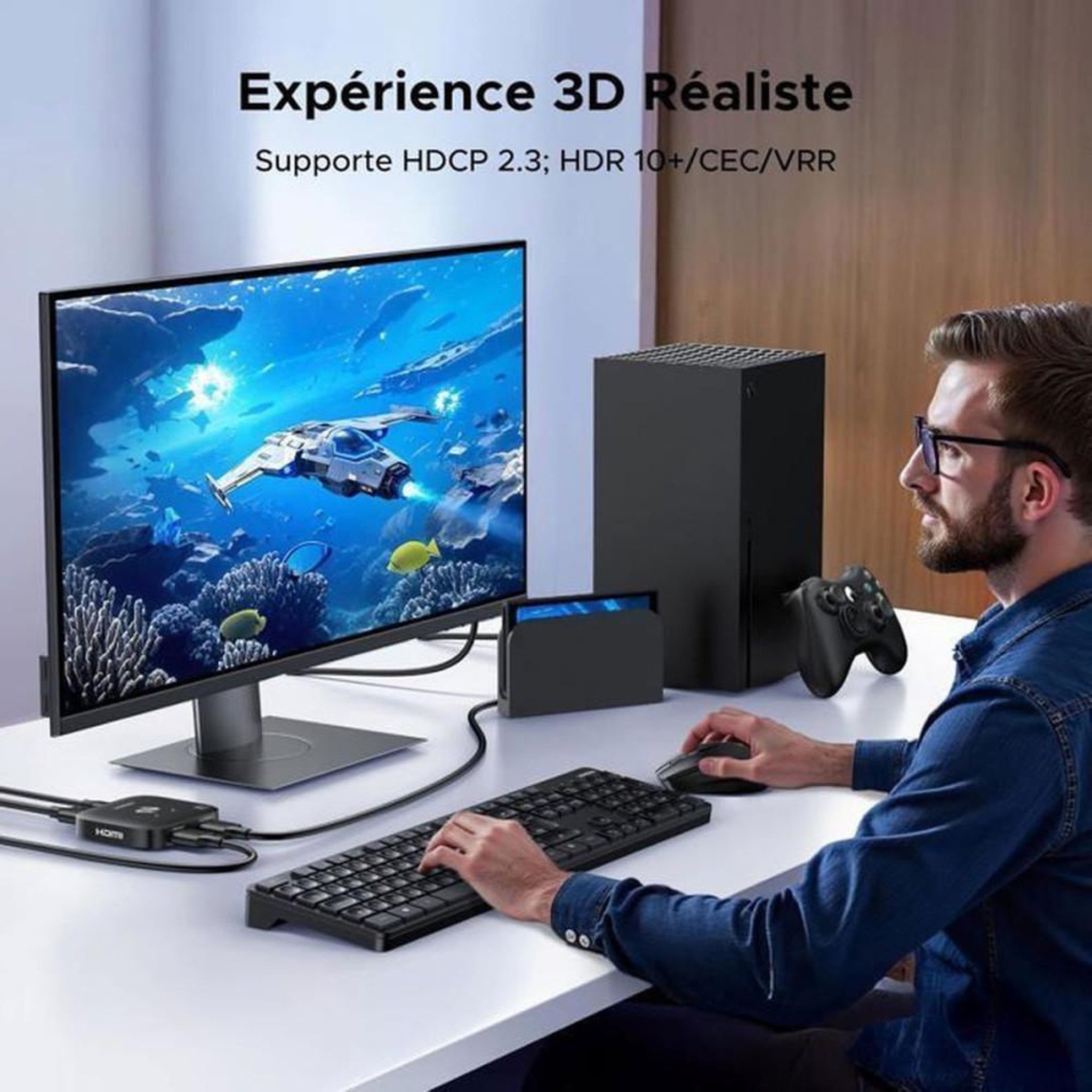 Voir la diapositive 5 : Coffret HDMI 2.1 bi-directionnel 2x1 avec sélection en façade, switch pour 2 sources vers 1 écran, 8K@60Hz et 4K@240Hz, VRR, Dolby Atmos, noir