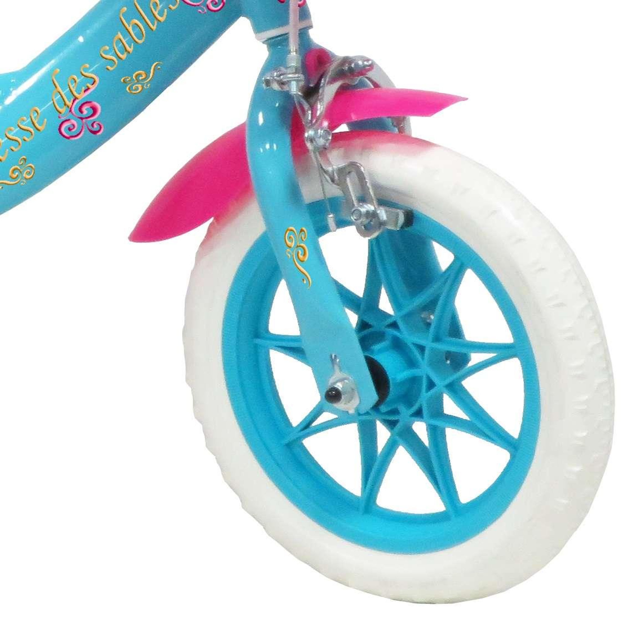 Voir la diapositive 3 : Vélo enfant - Modèle 12''Princesse des sables pour enfant de 85/100 cm avec stabilisateurs - 1 Frein - Panier avant - Porte poupée arrière et roues batons