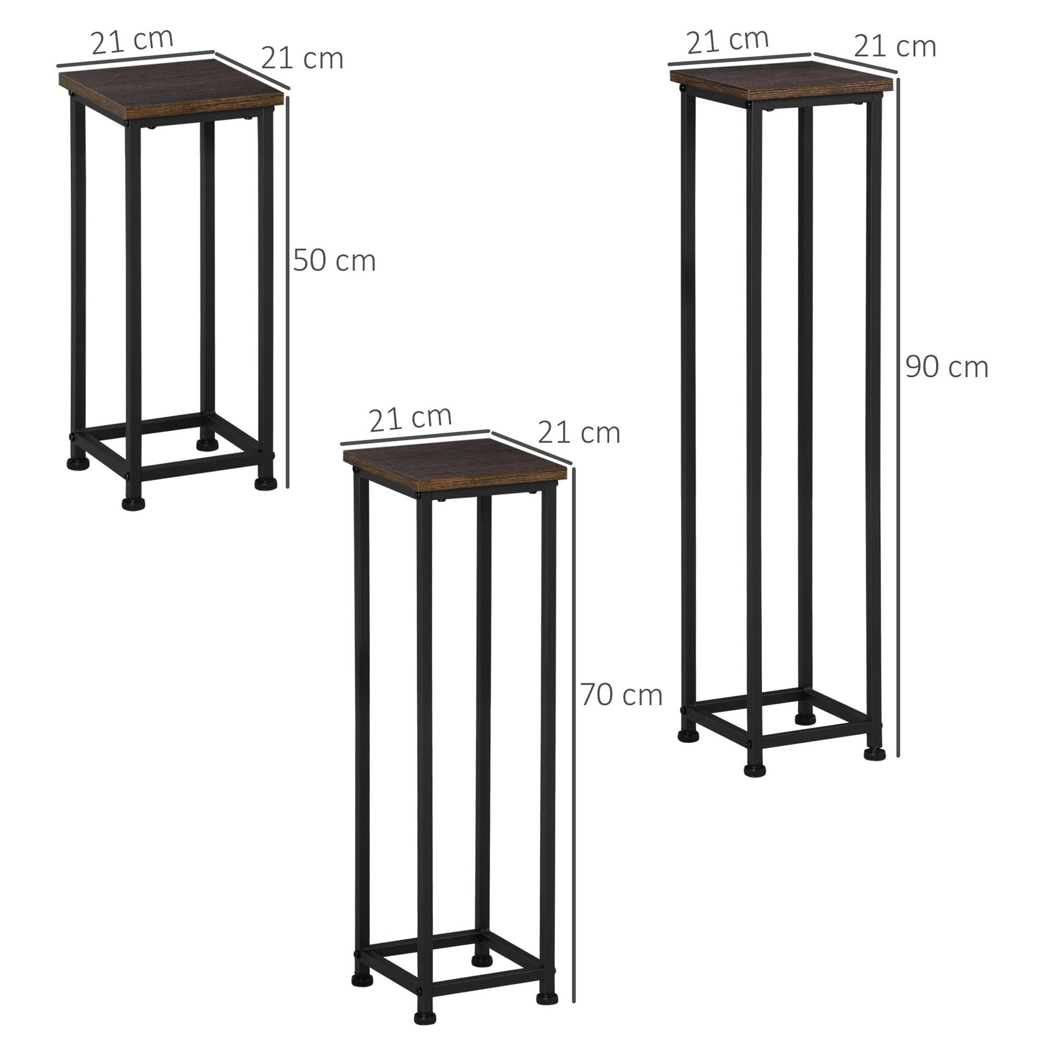 Voir la diapositive 3 : OUTSUNNY Support pots de fleurs 3 pièces - lot de 3 étagères à fleurs - portes plantes - acier époxy noir plateaux aspect bois de noyer
