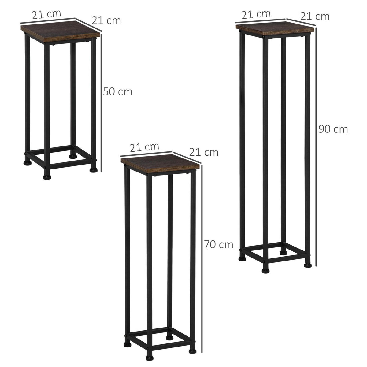 OUTSUNNY Support pots de fleurs 3 pièces - lot de 3 étagères à fleurs - portes plantes - acier époxy noir plateaux aspect bois de noyer