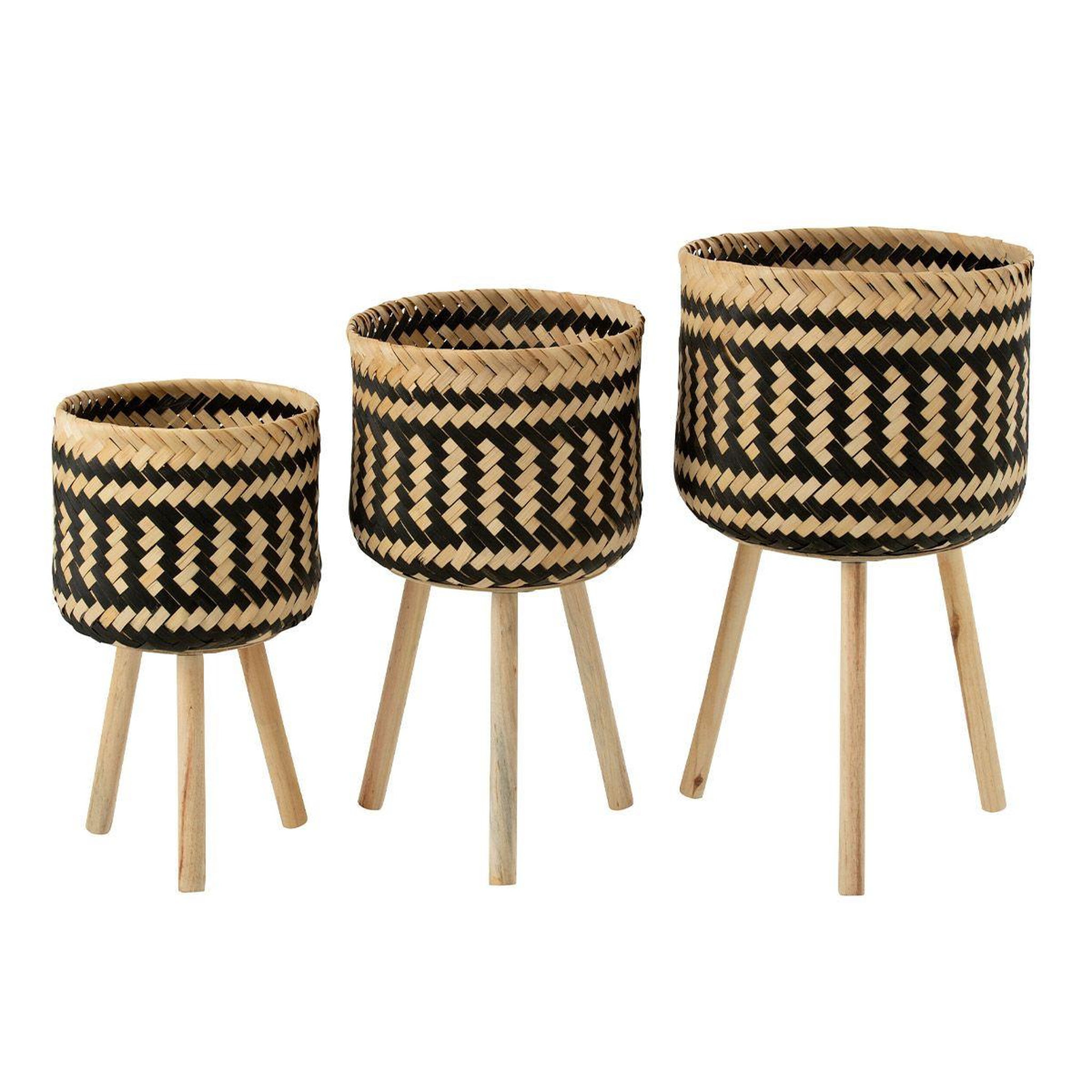 Voir la diapositive 2 : J-LINE Lot de 3 cache-pots sur pied  baudoin  66cm naturel & noir