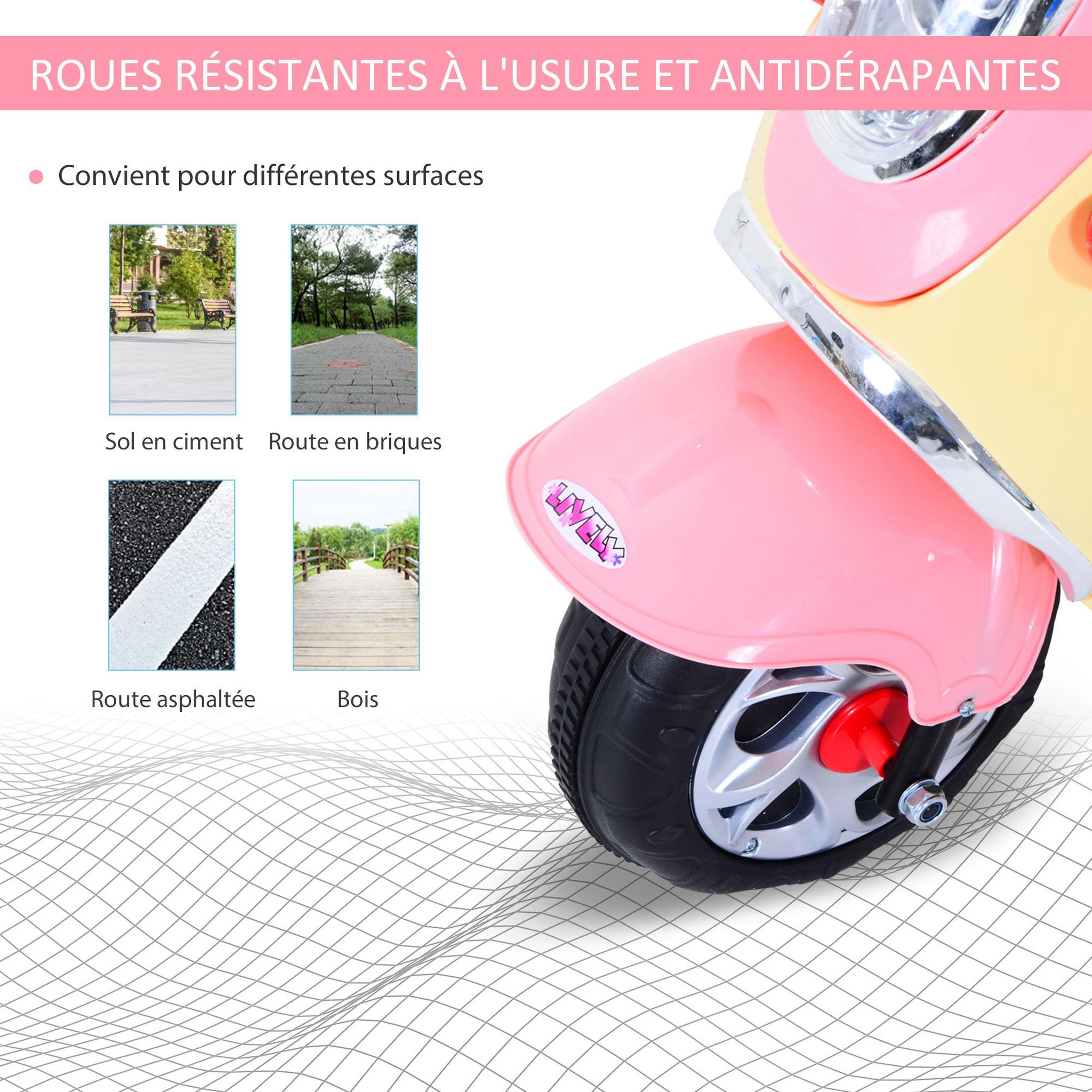 Voir la diapositive 6 : HOMCOM Moto scooter électrique pour enfants 6 V env. 3 Km/h 3 roues et topcase effet lumineux et sonore rose