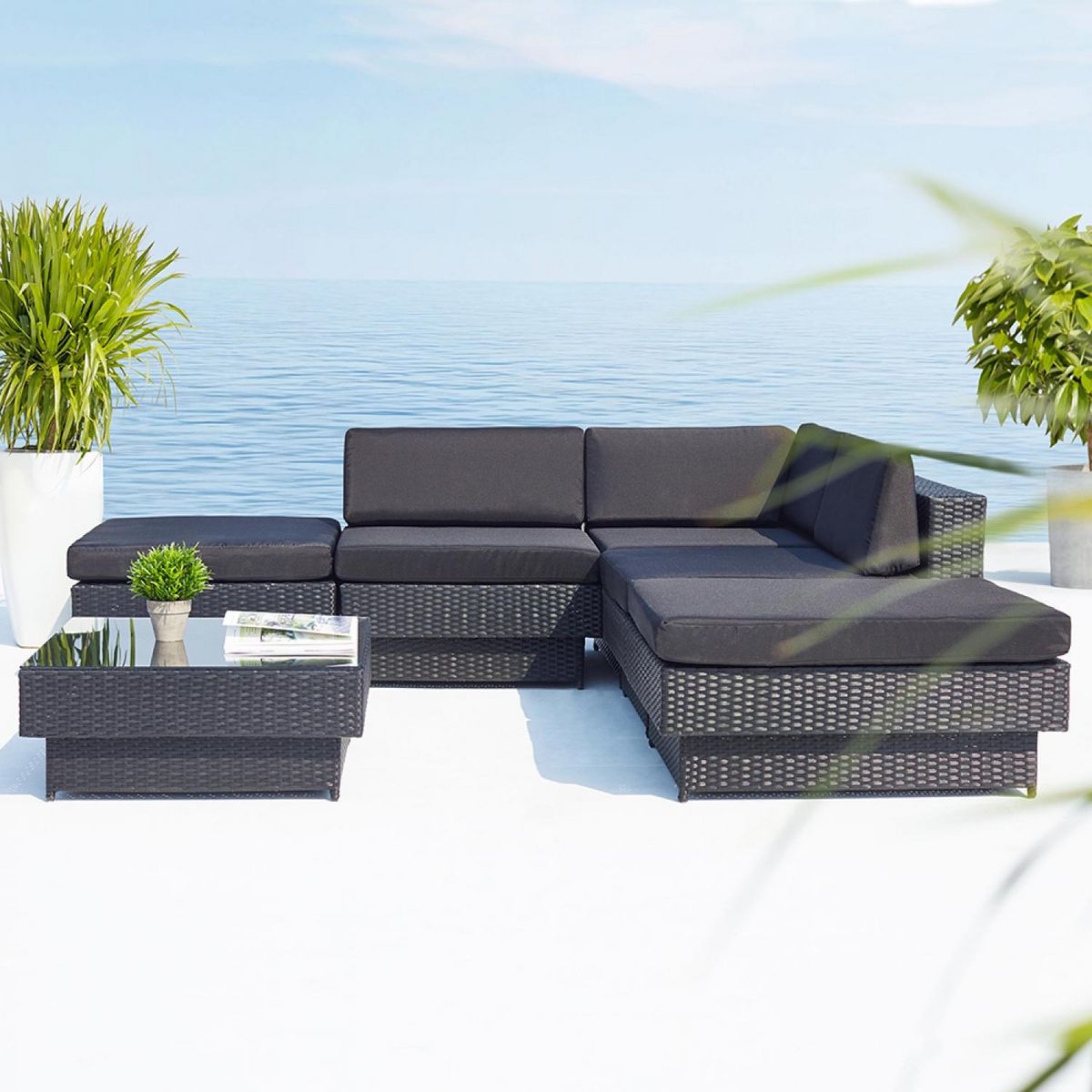 CONCEPT USINE Salon de jardin d'angle 5 places en résine tressée noir AMORGOS