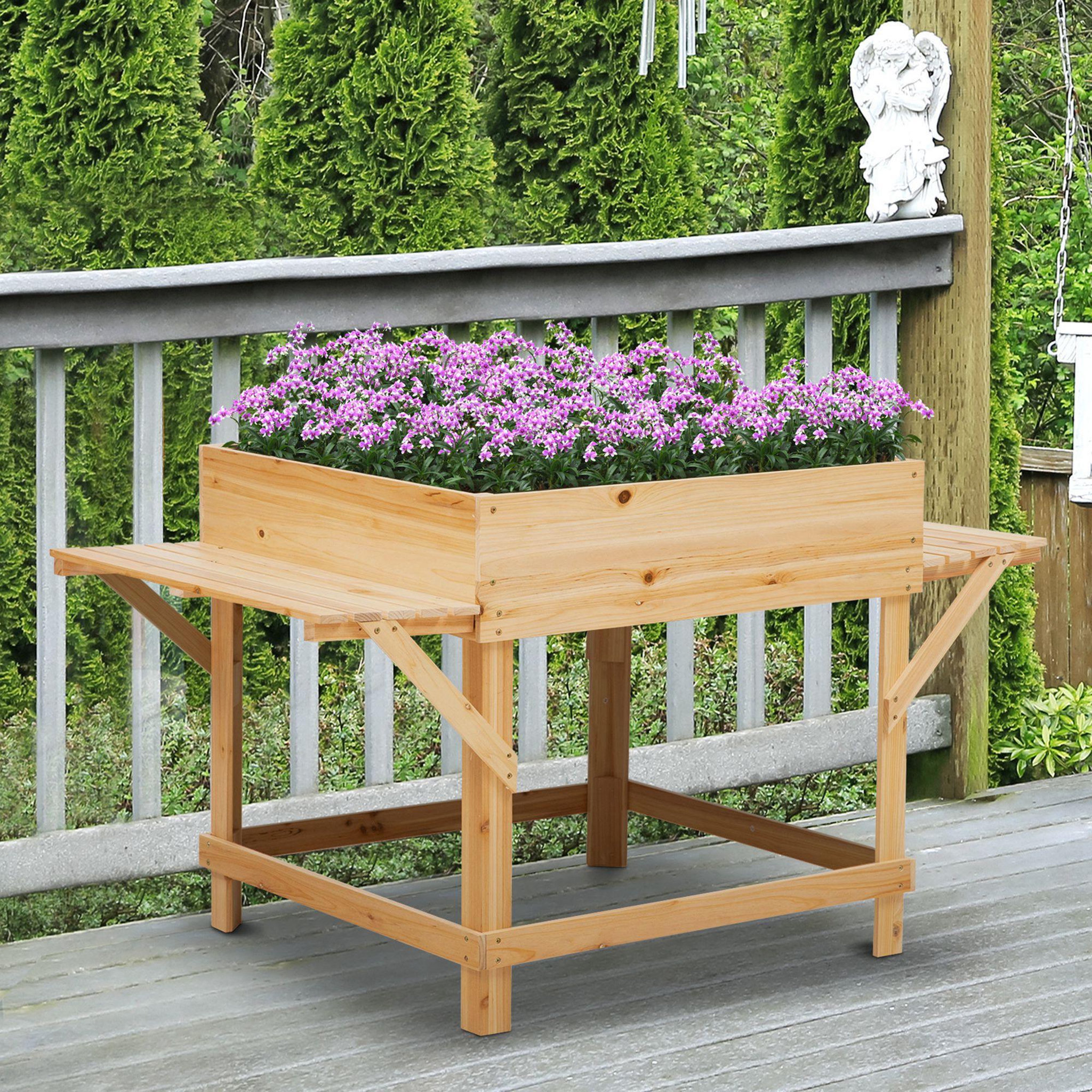 Voir la diapositive 2 : OUTSUNNY Jardinière sur pied potager dim. 130L x 75l x 75H cm 2 étagères, feutre drainage inclus bois sapin pré-huilé