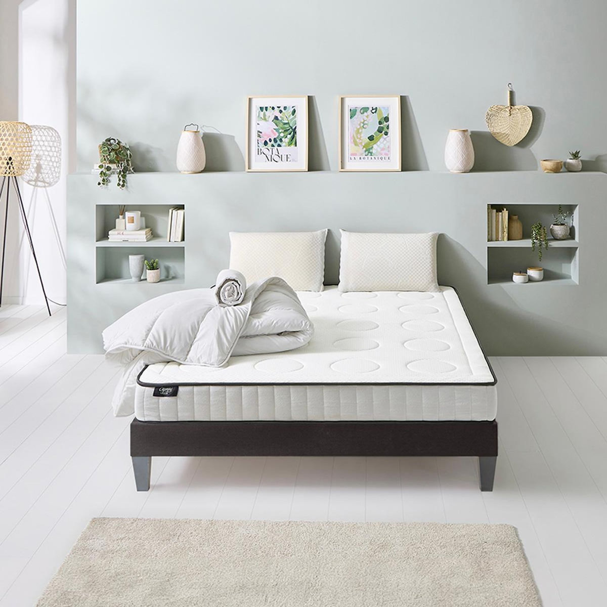 OLYMPE LITERIE OLYMPE LITERIE | Pack Prêt à dormir CRISTAL | Matelas Mémoire de forme + Sommier Bois + Accessoires