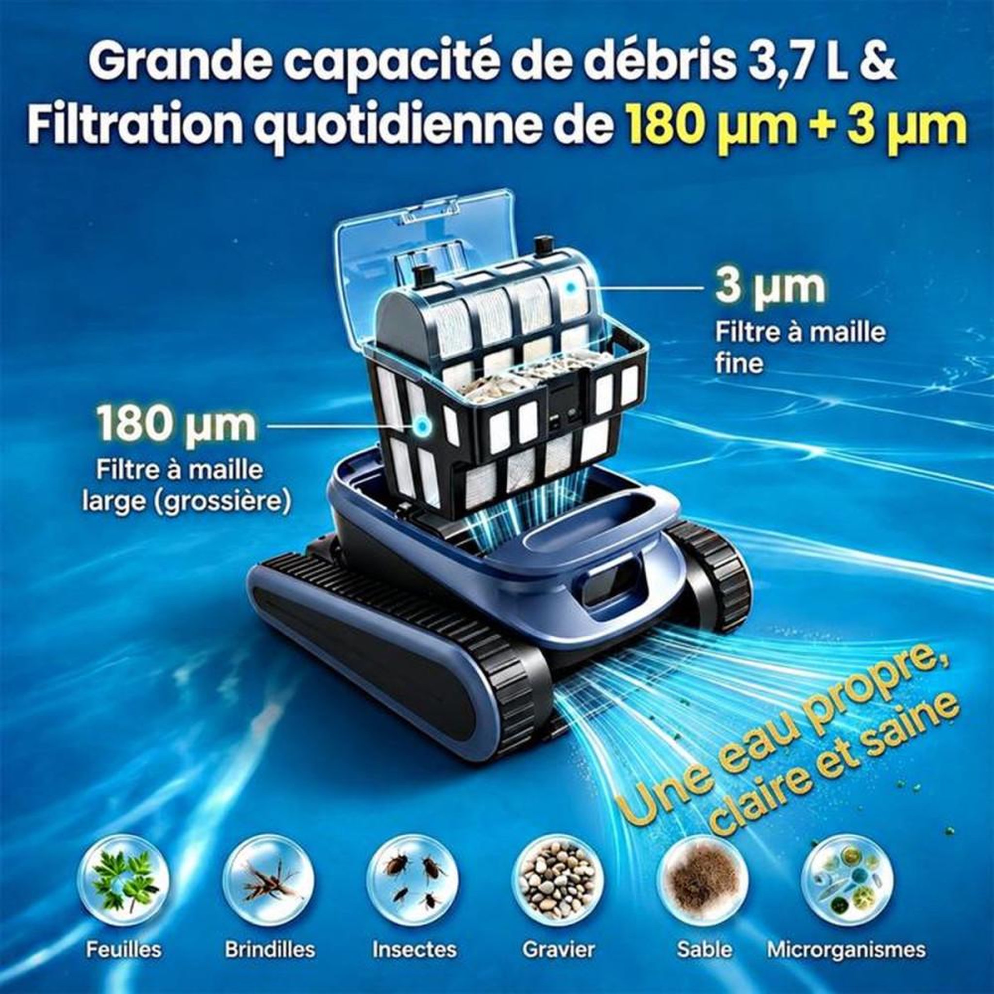 Voir la diapositive 4 : Robot de nettoyage de piscine sans fil, sol/murs/ligne d'eau, contrôle application, 200 m², 45 000 Pa, 3 L, IPX8