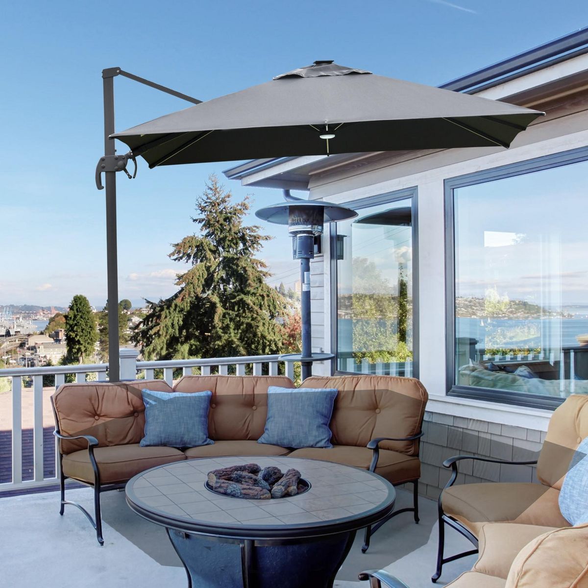 OUTSUNNY Parasol déporté carré parasol LED inclinable pivotant 360° manivelle piètement acier dim. 3L x 3l x 2,66H m gris