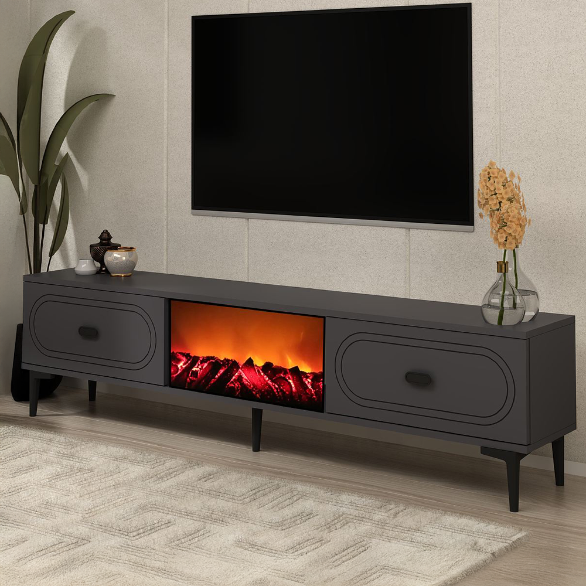 Voir la diapositive 3 : CONCEPT USINE Meuble tv avec cheminée led 150cm gris anthracite et noir fyra
