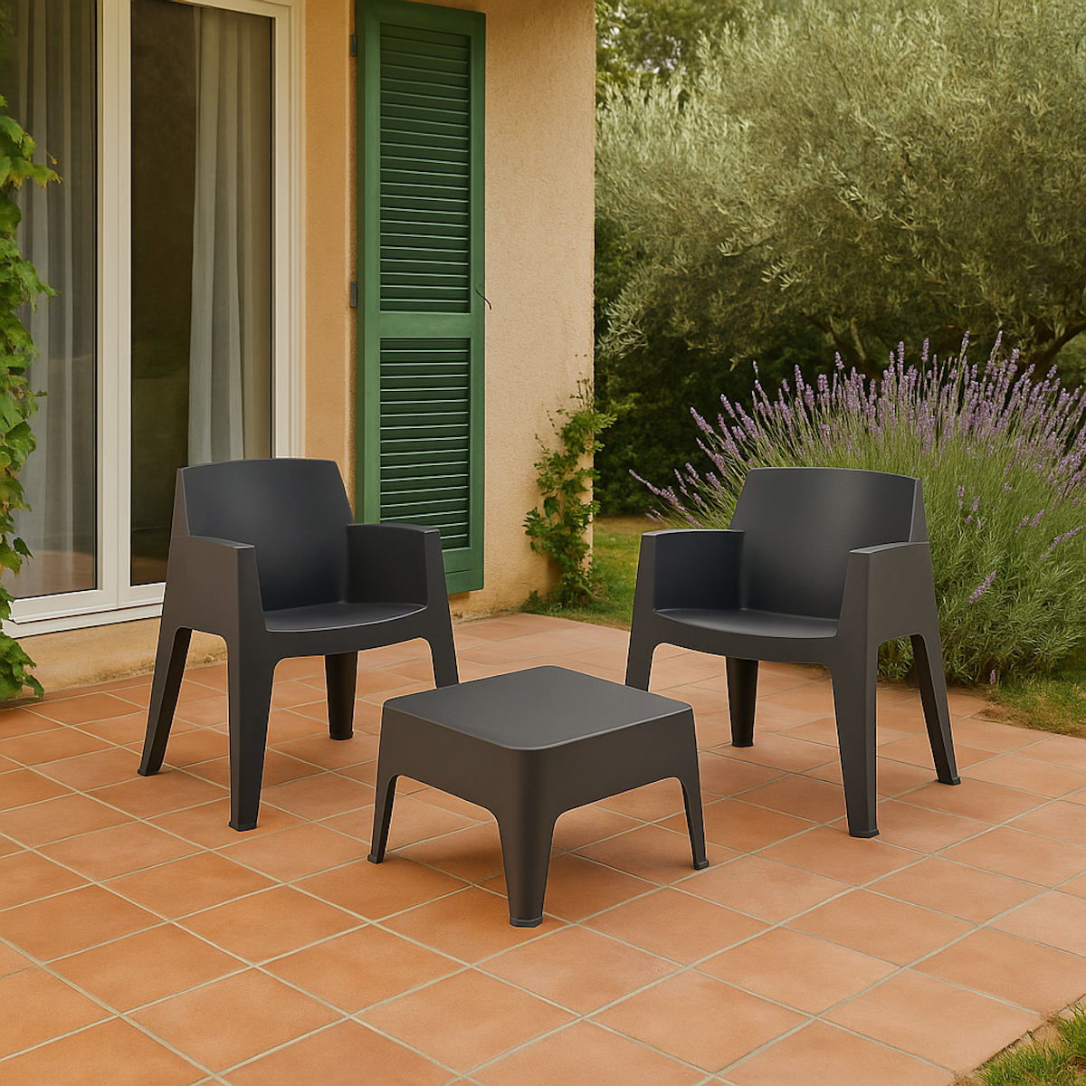 CONCEPT USINE Table et 2 fauteuils gris anthracite COSTA