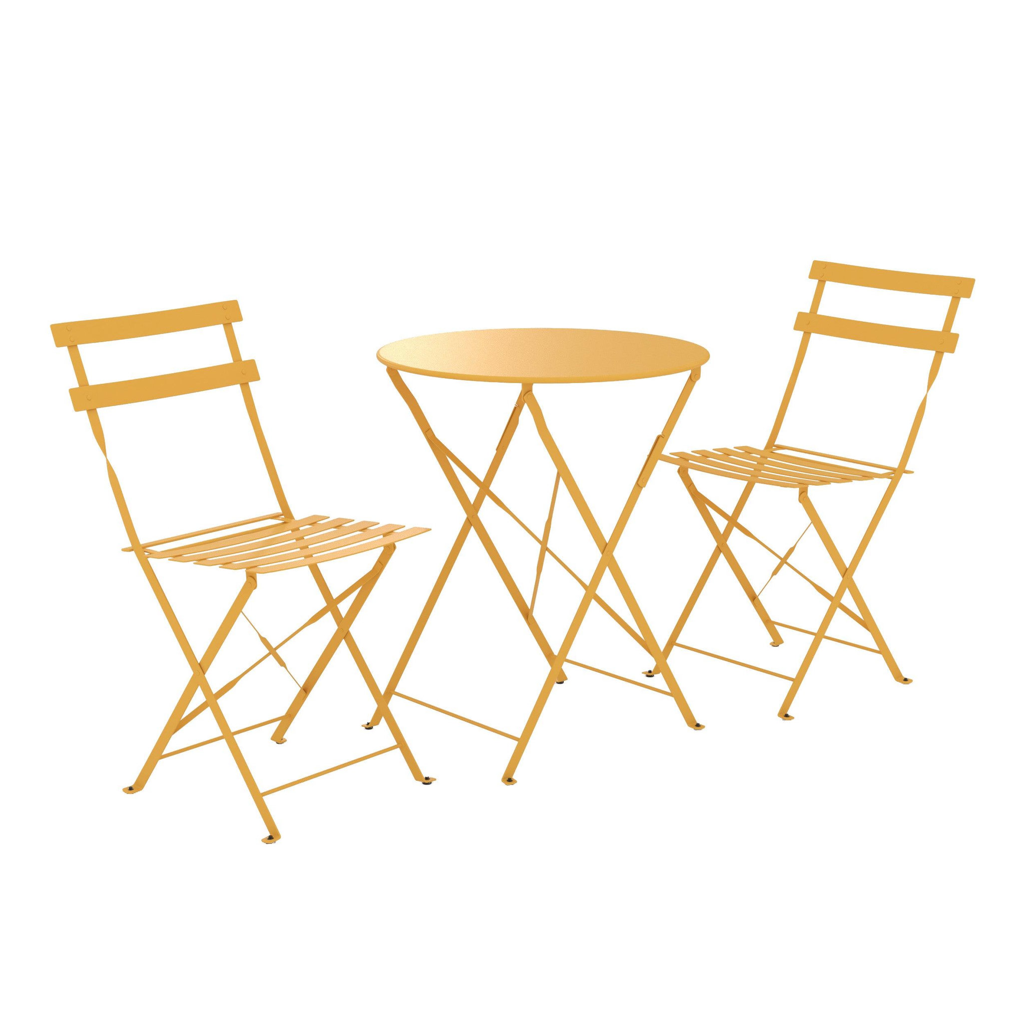 Voir la diapositive 1 : MAISON PAVANE Table ronde et chaises de jardin pliantes 2 places en métal jaune-kayla