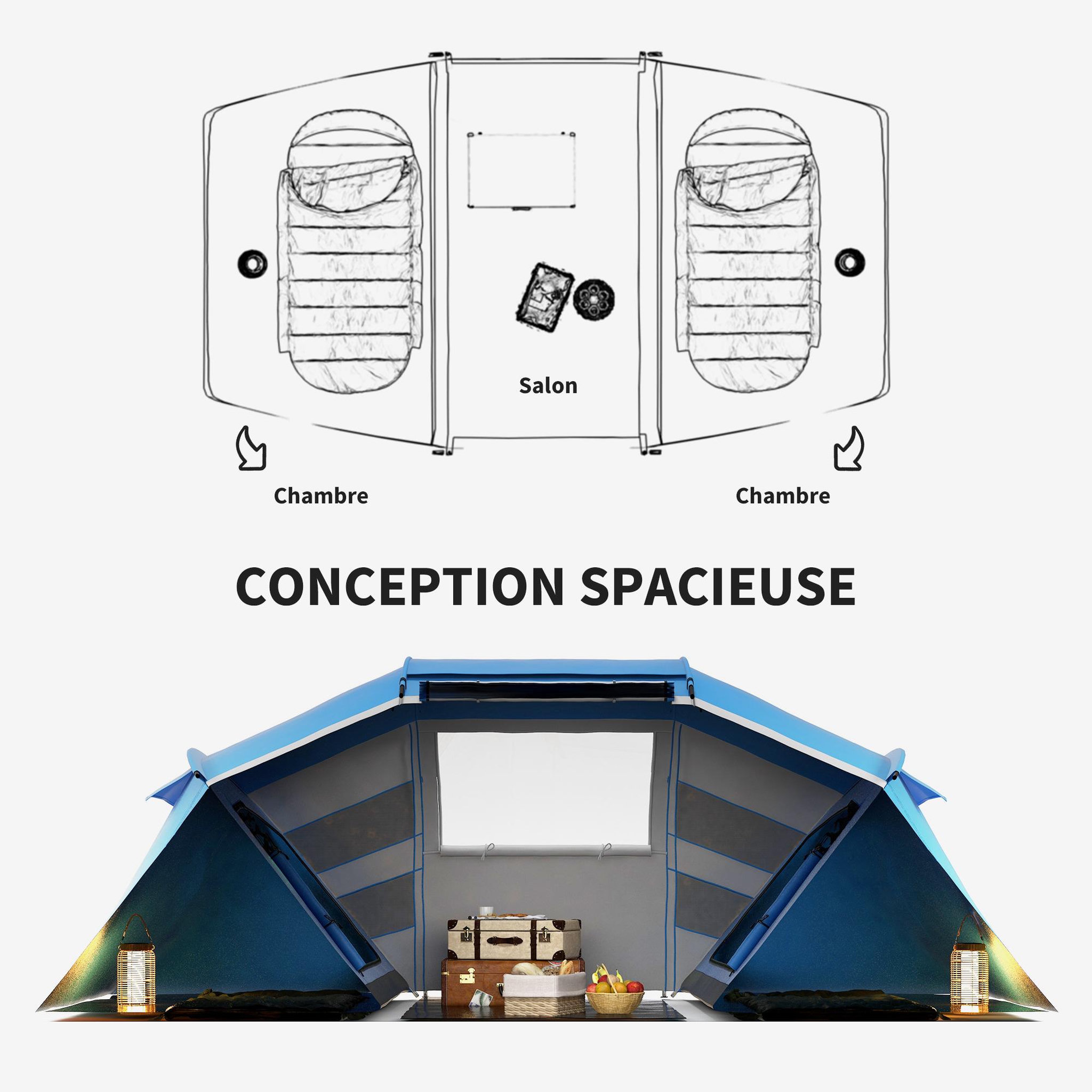 Voir la diapositive 5 : OUTSUNNY Tente de camping familiale 4-6 personnes 2 cabines fenêtre grande porte 4,3l x 2,4l x 1,7h m bleu blanc