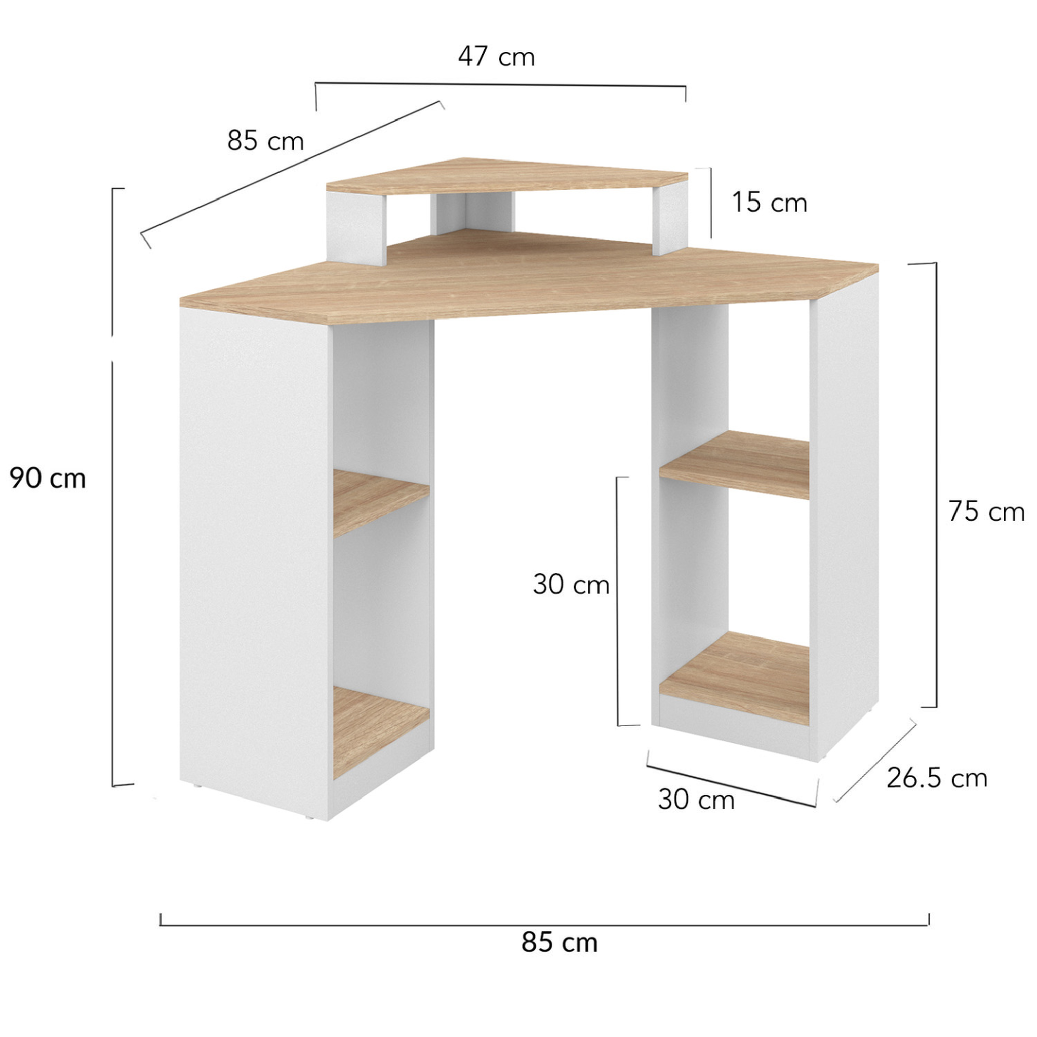 Voir la diapositive 4 : ID MARKET Bureau d'angle harry blanc et façon hêtre gain de place bureau informatique avec rangements
