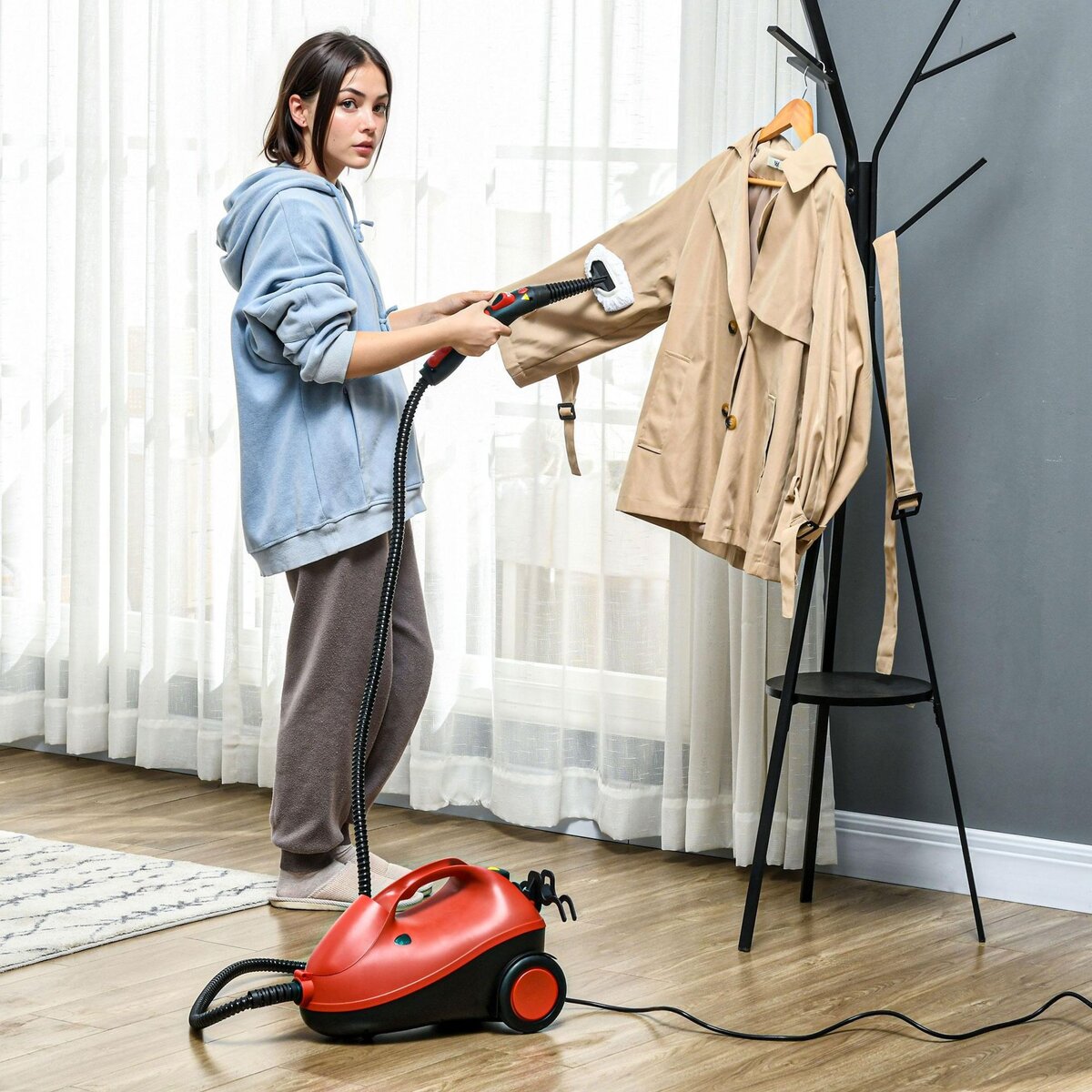 HOMCOM Nettoyeur vapeur multifonction - balai vapeur - balai nettoyeur vapeur - 2000W, réservoir 2L, pression 4 bars - 16 accessoires - noir rouge