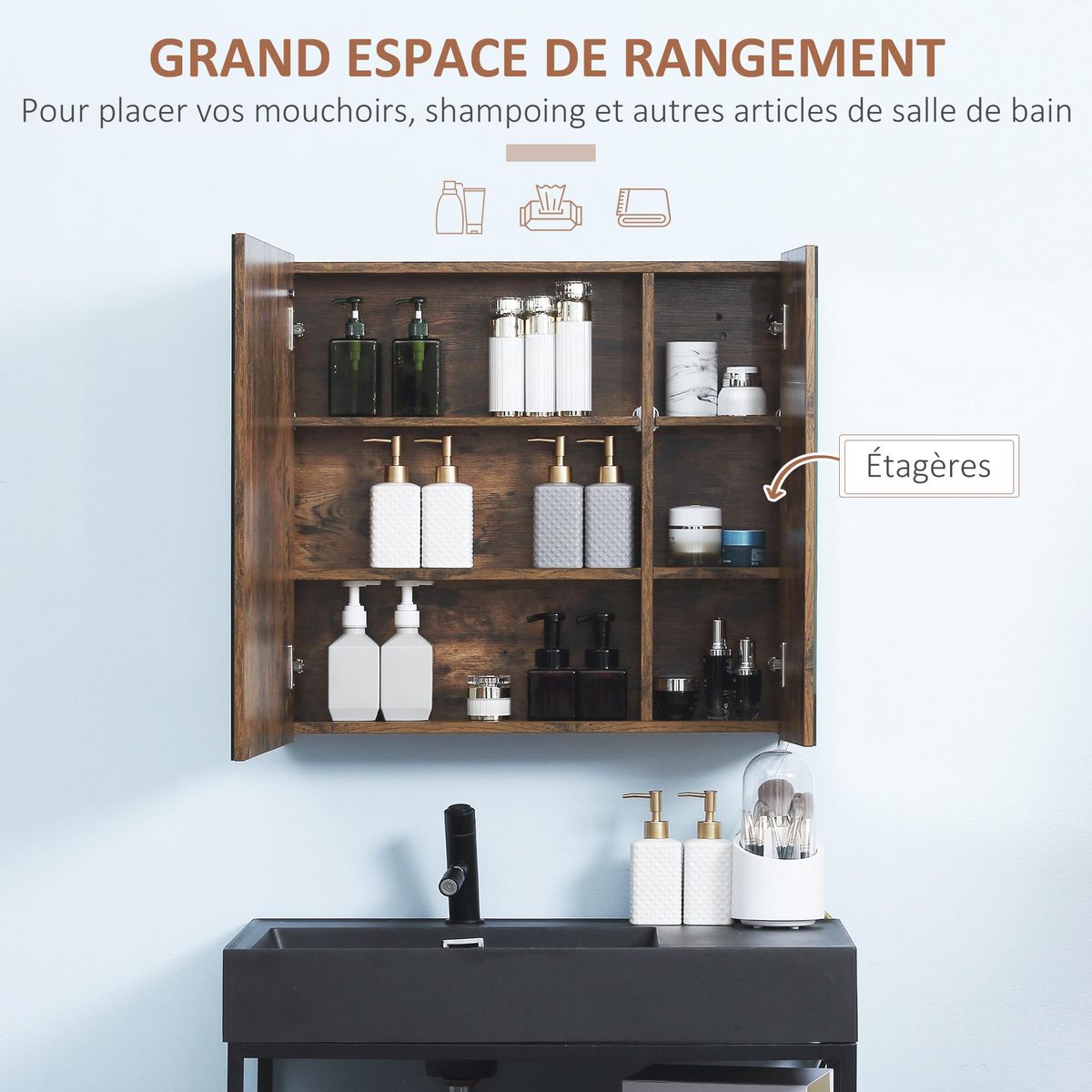 KLEANKIN Miroir lumineux LED armoire murale design de salle de bain 2 en 1 dim. 70L x 15l x 65H cm MDF aspect bois