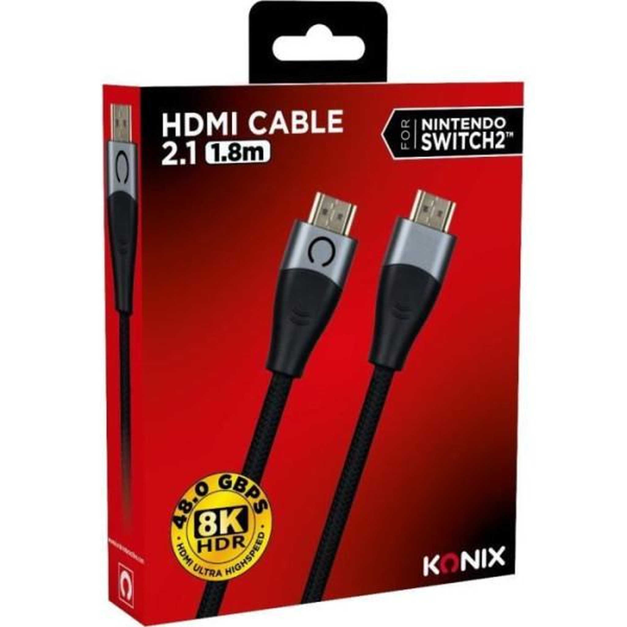 Voir la diapositive 2 : Konix Câble HDMI 2.1 - KONIX - Nintendo Switch 2 - Compatibilité 4K et 8K - Nylon tressé - Longueur 1,8 m - Noir
