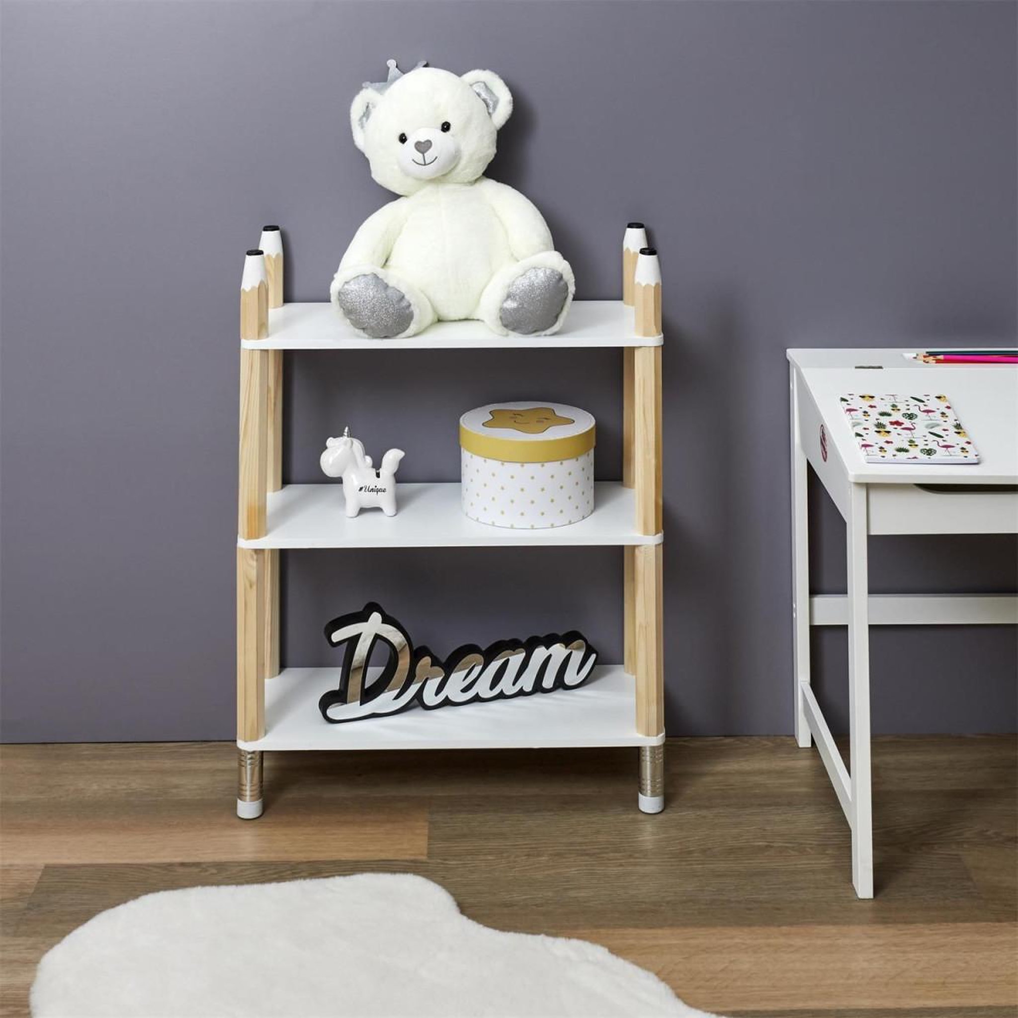 Voir la diapositive 5 : HOME DECO KIDS Étagère 3 niveaux enfant  crayon  77cm blanc & beige