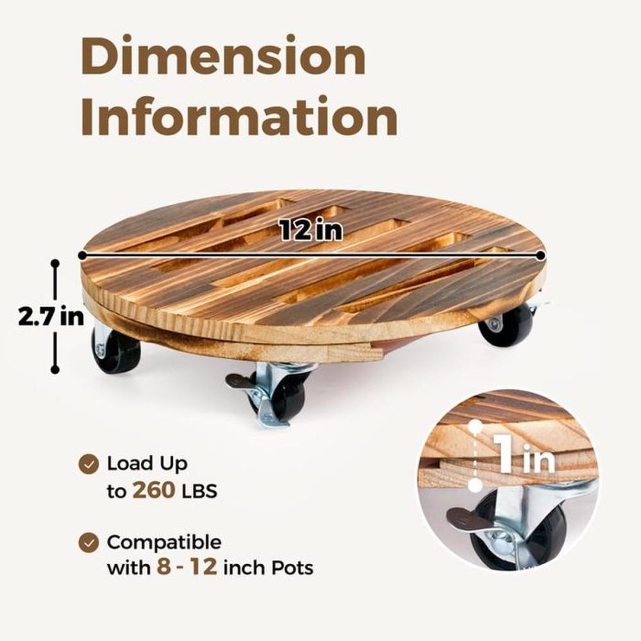 Voir la diapositive 4 : Set de 2 supports de plantes en bois renforcé avec roulettes silencieuses et freins, plateau Ø 30,5 cm